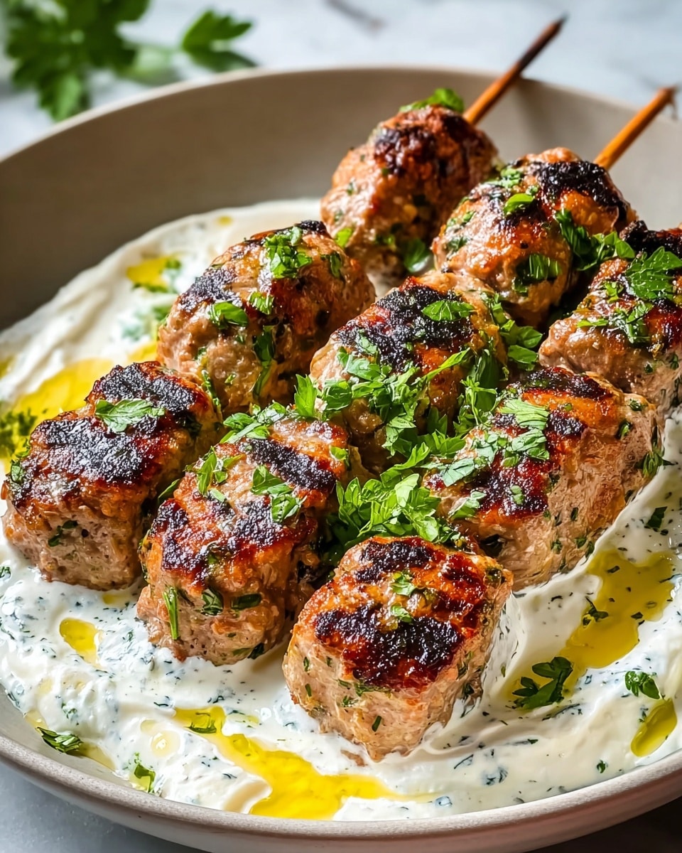 Three grilled meat skewers lie side by side in a white shallow bowl. Each skewer shows five charred, golden-brown pieces of meat with specks of green herbs inside. A creamy white sauce with green herb bits is spread at the bottom of the bowl and also drizzled over the meat. Small bright green herb leaves are scattered on top and around the skewers. A few drops of golden oil add shine and contrast on the creamy sauce. The bowl rests on a white marbled surface. photo taken with an iphone --ar 4:5 --v 7