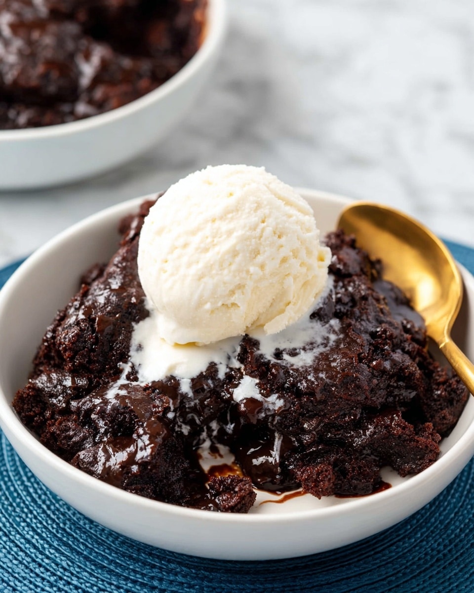 A white bowl filled with a rich, dark chocolate cake that looks moist and gooey, with a rough, uneven top texture indicating a soft, melted center. On top of the chocolate cake, there is a smooth, round scoop of pale vanilla ice cream starting to melt and drip slightly onto the cake below. A golden spoon rests inside the bowl, partially under the cake, adding a touch of warmth to the image. The bowl sits on a blue textured mat over a white marbled surface, with a blurred white bowl of more chocolate cake in the background. photo taken with an iphone --ar 4:5 --v 7