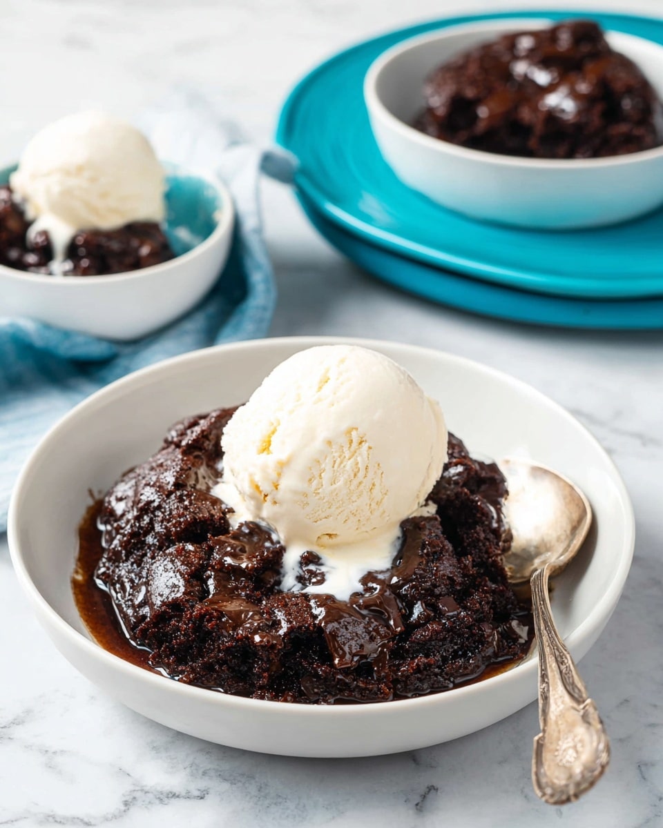A white shallow bowl on top of a white marbled surface holds a rich, dark chocolate pudding cake with a glossy, gooey texture and a few chunks showing its moist crumb. Sitting on top is a round scoop of creamy vanilla ice cream, softened slightly with a bit of melted cream pooling on the cake beneath it. A vintage silver spoon rests inside the bowl, extending over the edge. In the background, another white bowl with more cake sits on a white plate, which rests on a bright blue plate. To the left, an ice cream scooper holds a scoop of vanilla ice cream. photo taken with an iphone --ar 4:5 --v 7