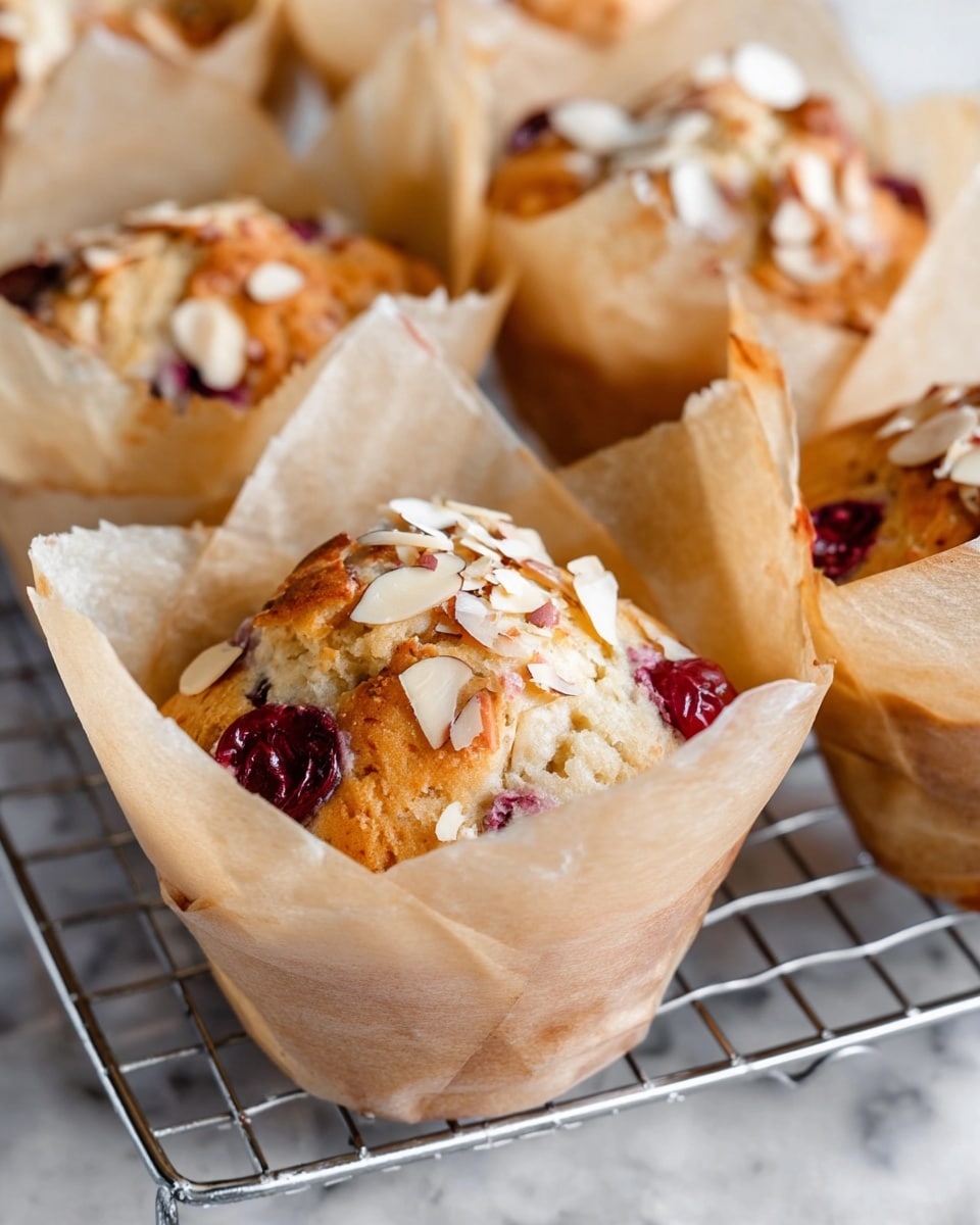 The image shows close-up of several muffins in light brown parchment paper wrappers, placed on a metal cooling rack. Each muffin has a soft, light golden top with visible pieces of red berries, likely cherries, and sprinkled chopped almonds on top. The muffins appear moist with slightly crinkled parchment paper creating a layered cone around each muffin. The background is a white marbled texture. photo taken with an iphone --ar 4:5 --v 7