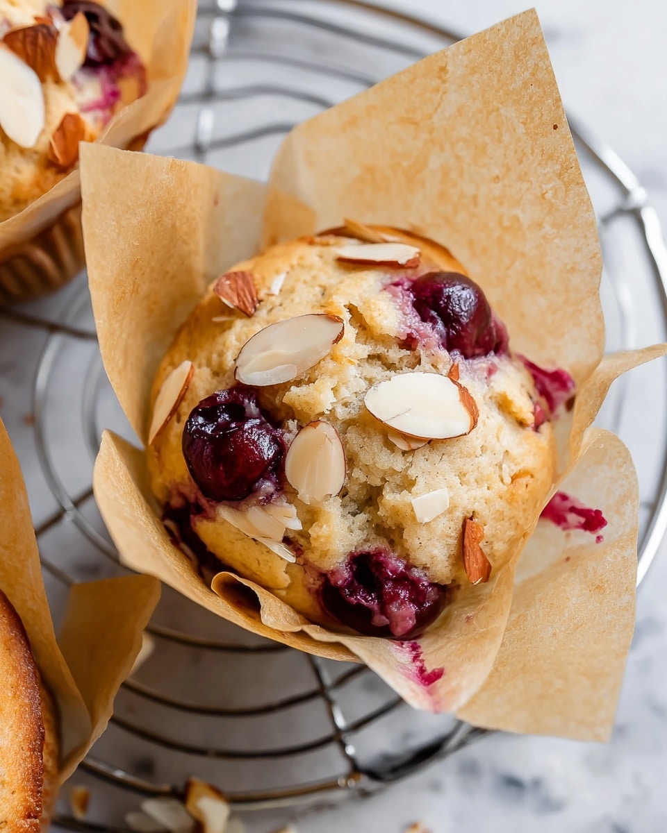 A close-up of a muffin wrapped in light brown parchment paper sits on a silver cooling rack. The muffin has a light golden-brown, soft, and slightly crumbly texture with visible pieces of sliced almonds and whole deep red cherries embedded on top and scattered around its surface. The parchment paper liner is slightly crumpled and has some light stains and cherry juice marks. Part of another muffin and parchment paper can be seen at the bottom and left edges. The scene is set on a white marbled texture. Photo taken with an iphone --ar 4:5 --v 7