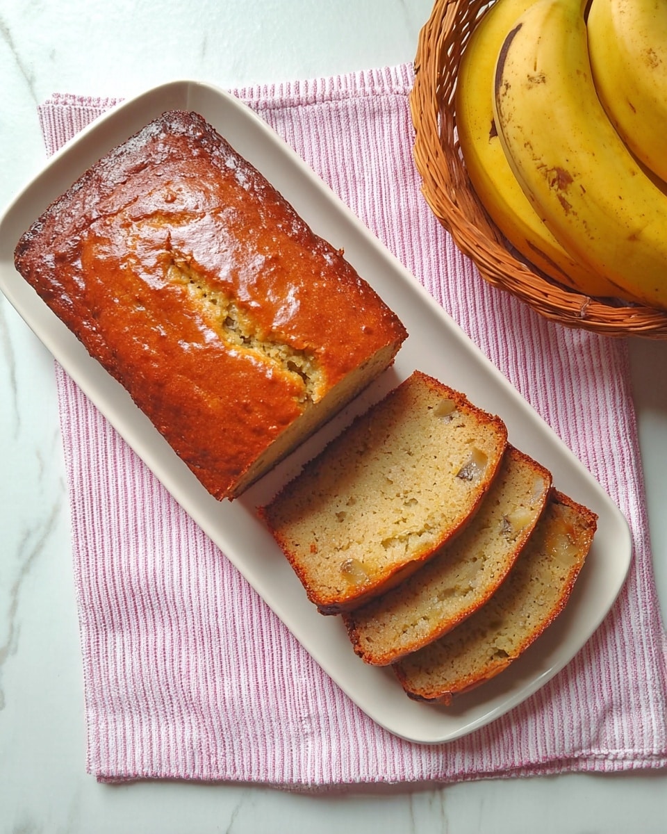 The image shows a loaf of banana bread sliced into four pieces placed on a white plate. The bread has a golden brown crust with a glossy texture on top, and the inside is light yellow with small bits of banana visible. The slices lean slightly against the main loaf, showing the soft crumb texture. In the background, two whole bananas rest on a white marbled surface with a pink cloth partially visible. photo taken with an iphone --ar 4:5 --v 7