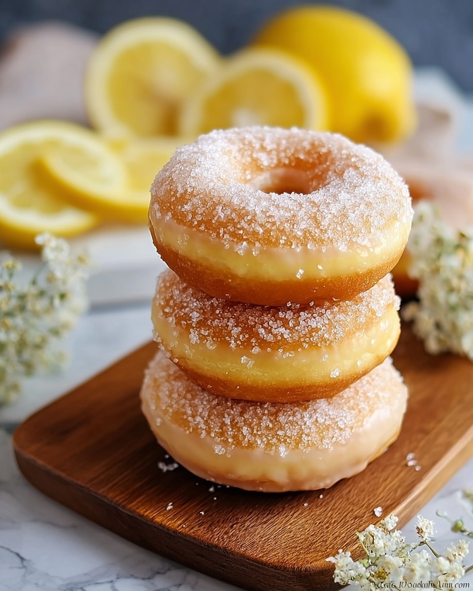 Three small round donuts with a hole in the middle are stacked on a white plate decorated with blue and pink flowers. The donuts are covered with coarse white sugar crystals that sparkle in the light. The donuts have a light golden color with a slightly darker brown edge. The plate is set on a yellow surface with a yellow cup in the background and a floral patterned wall with pink and green flowers behind it. The surface has a white marbled texture. photo taken with an iphone --ar 4:5 --v 7