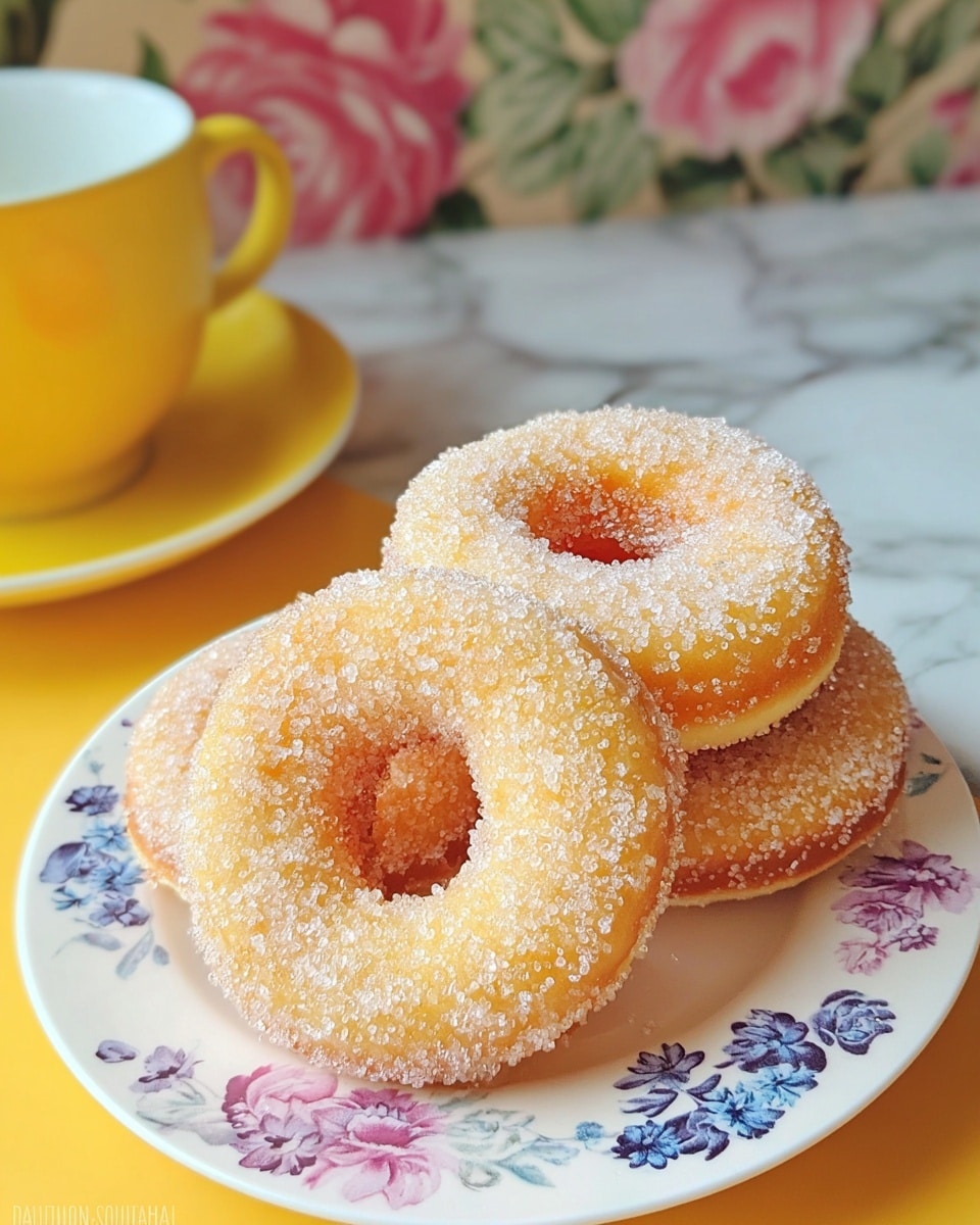 Three sugar-coated lemon donuts are stacked on a wooden board placed on a white marbled surface. Each donut has one layer with a light golden yellow color and a soft, slightly textured glaze covered in sparkling white sugar crystals. The bottom edges of the donuts are a deeper golden brown. In the background, there are slices and whole yellow lemons and some delicate white flowers, all softly blurred to highlight the donuts. Photo taken with an iphone --ar 4:5 --v 7