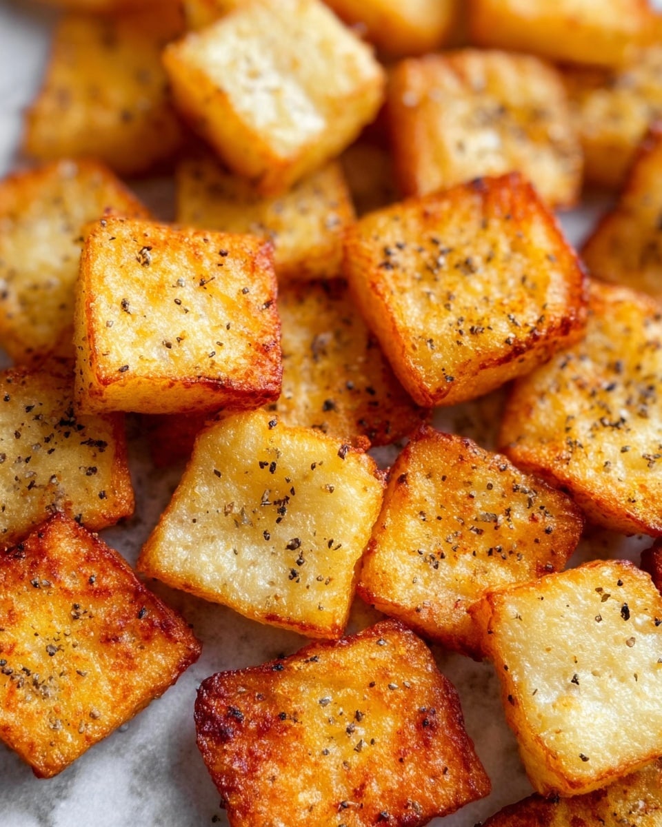 The image shows many small square pieces of golden brown fried tofu, each with a crispy texture and lightly browned edges. The tofu squares are sprinkled unevenly with black pepper flakes, adding small dark spots on the light yellow surface. The tofu pieces are close together, covering the whole view on a white marbled textured surface. The texture of the tofu looks crunchy on the outside but soft inside. photo taken with an iphone --ar 4:5 --v 7