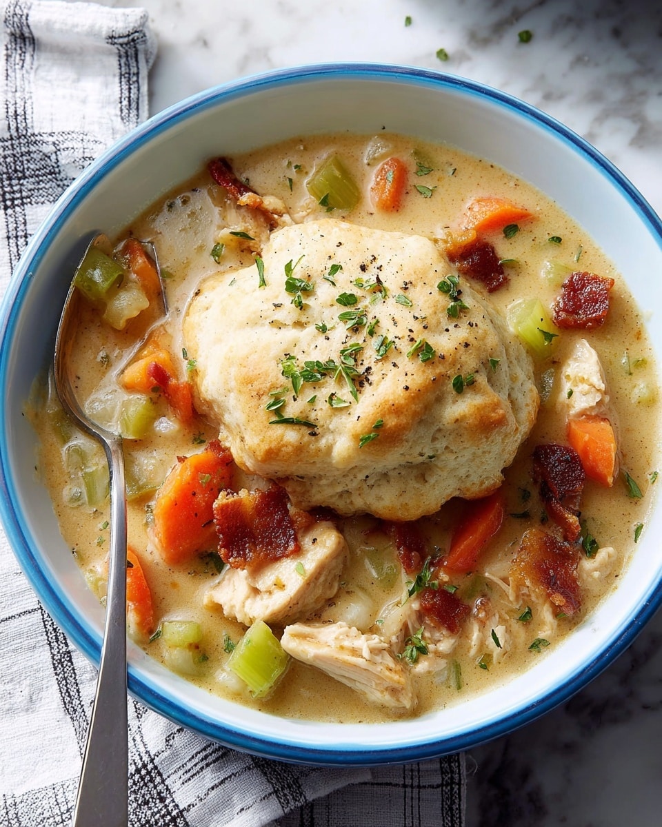 A white bowl with a blue rim is filled with a thick stew-like soup. The base layer is a creamy beige broth containing soft chunks of light brown cooked chicken, bright orange carrot slices, and pale green celery pieces. On top of this stew lies a large, pale, fluffy biscuit that is sprinkled with small green herb leaves and coarse black pepper. Some crispy brown bacon bits are scattered throughout. A silver spoon is resting inside the bowl on the left side, and the bowl sits on a white and black checkered cloth, all set on a white marbled surface. Photo taken with an iphone --ar 4:5 --v 7