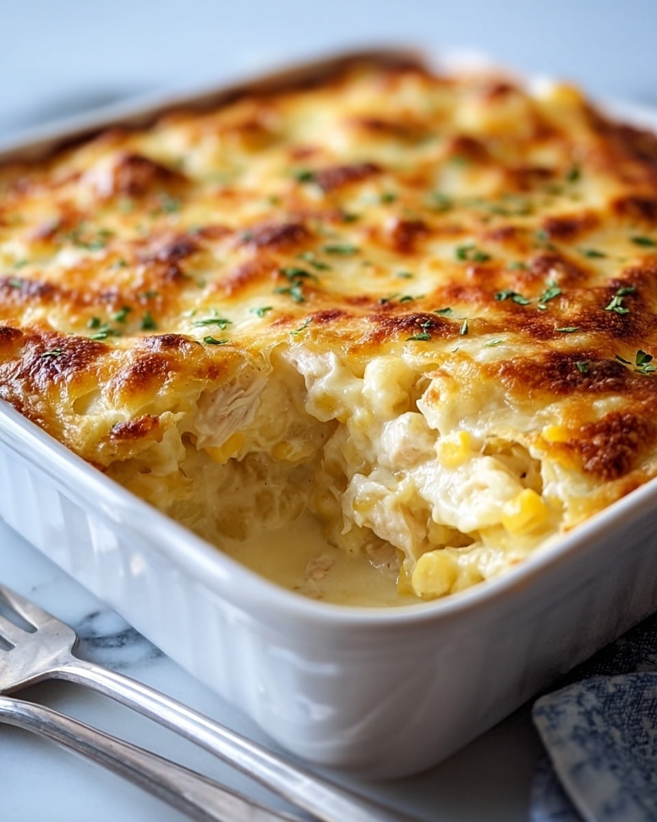 A baked casserole in a white ceramic dish with a golden-brown melted cheese topping sprinkled with small green herb bits. The top layer is thick and slightly bubbly, with the edge revealing a creamy mixture underneath that includes pieces of white shredded chicken and small yellow bits, likely corn. The dish sits on a white marbled surface, with a fork partially visible nearby. Photo taken with an iphone --ar 4:5 --v 7