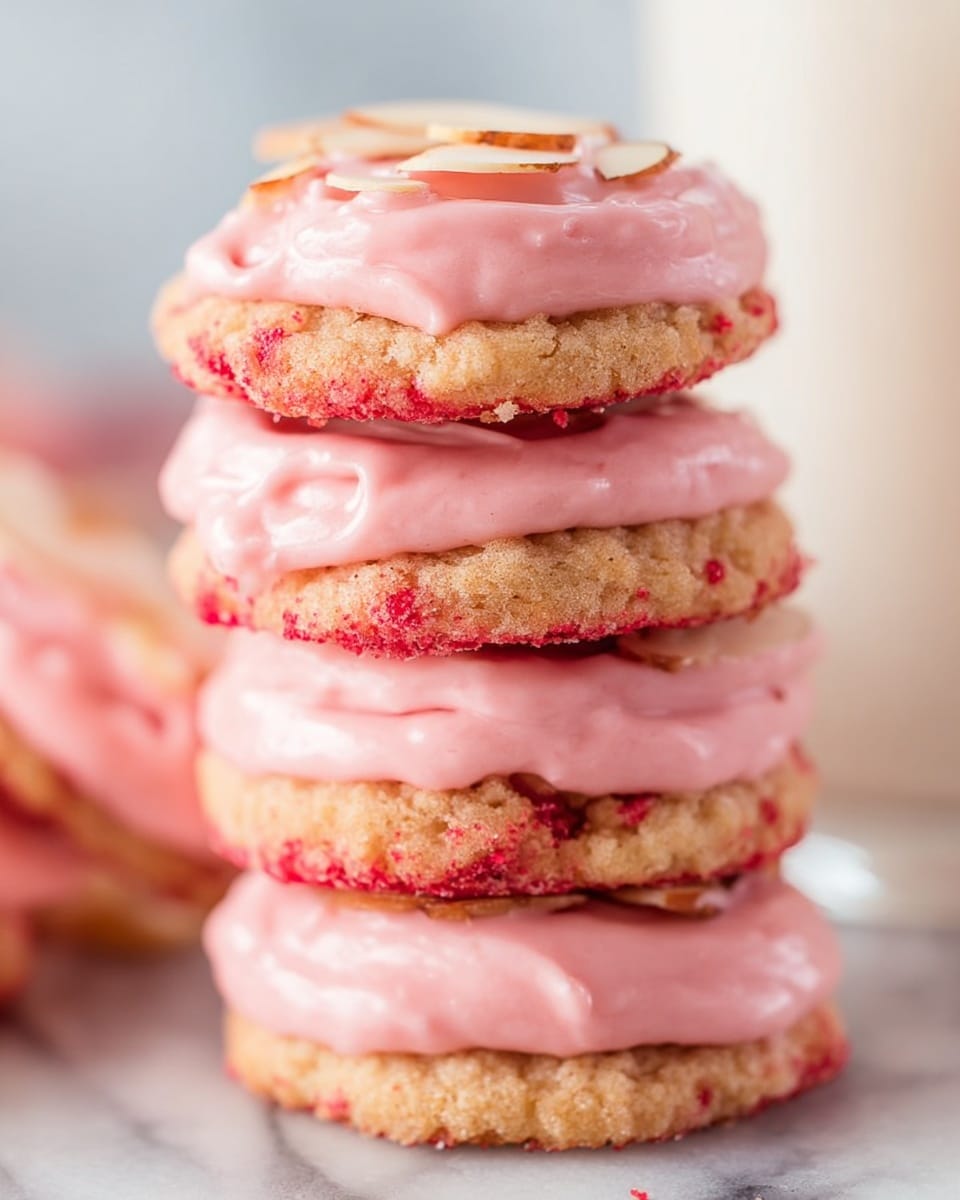 A stack of four small pink-frosted sandwich cookies with a crumbly texture showing bits of red inside each cookie layer. Each cookie is topped and filled with a smooth, thick layer of pink frosting, with the top layer also decorated with thin almond slices. The background has a soft white marbled texture and part of a glass with milk is blurred in the back. The close-up photo focuses on the stack of cookies showing the frosting’s creamy texture and the cookie’s slightly uneven edges. Photo taken with an iphone --ar 4:5 --v 7