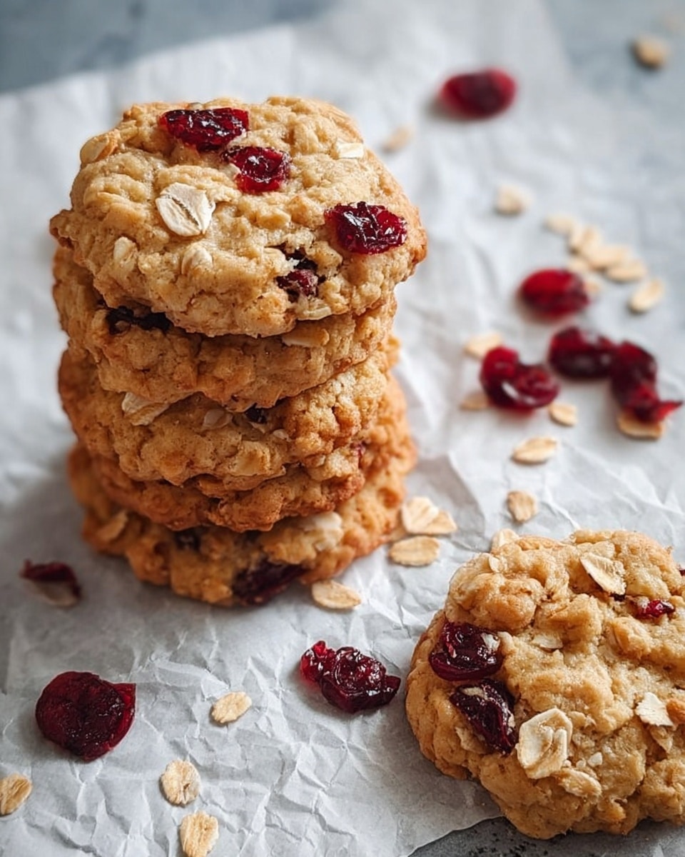 A stack of four round, golden-brown oatmeal cookies with visible large oat flakes and dark red cranberry pieces sits on a crumpled white paper. Next to the stack, one cookie lies flat showing its rough texture, oats, and cranberry bits clearly. Scattered around the cookies are extra oats and dried cranberries on a white marbled surface. The image has a casual, homemade feel with soft lighting. Photo taken with an iphone --ar 4:5 --v 7