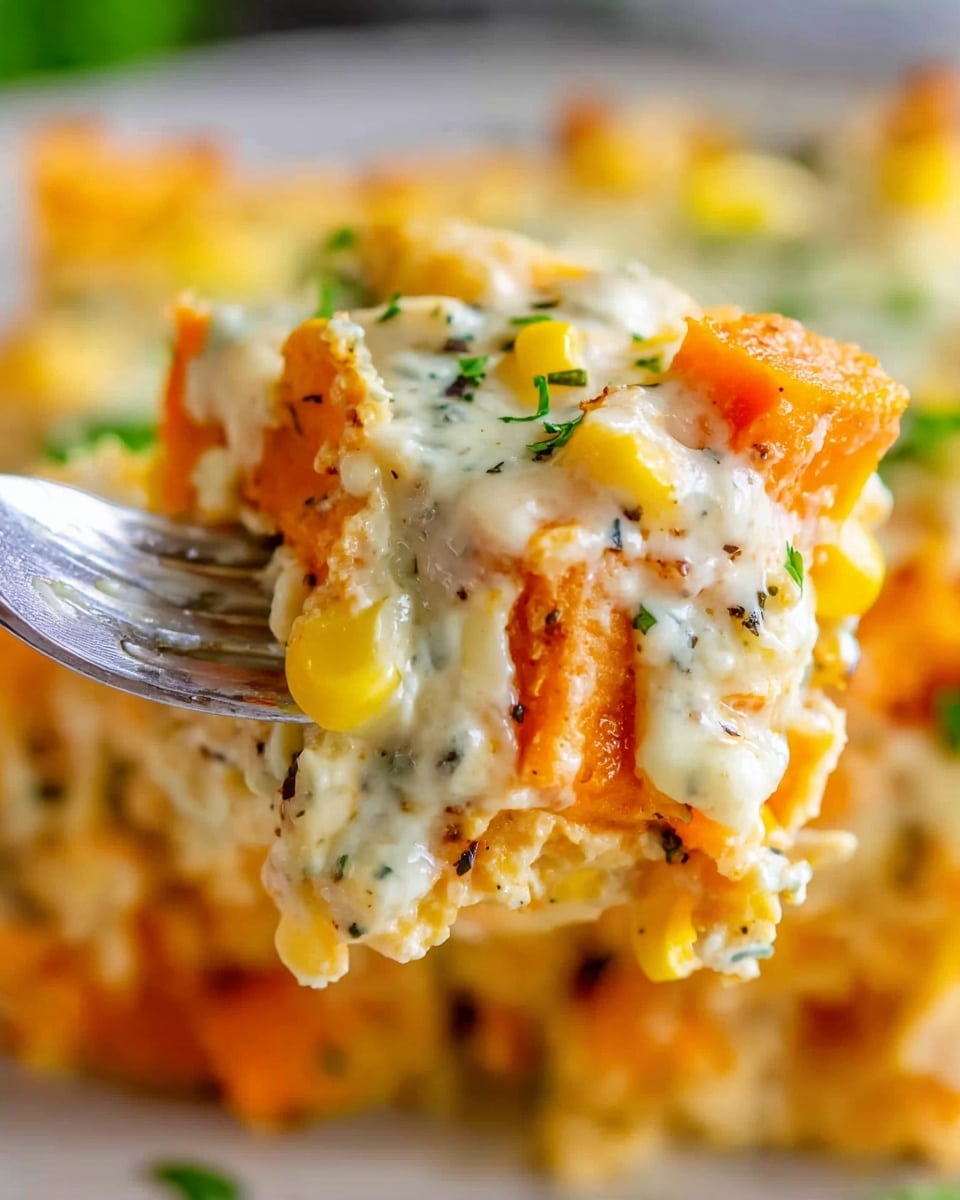 The dish is shown in a clear glass baking dish with three clear layers visible: the bottom layer is a creamy white mixture with small chunks of yellow corn, the middle layer has melted white cheese mingled with some green herbs, and the top layer is made of bright orange, crunchy tortilla chips sprinkled with melted white cheese and chopped green onions scattered on top; the dish sits on a white marbled surface with a portion scooped out, revealing the creamy and layered texture inside. photo taken with an iphone --ar 4:5 --v 7