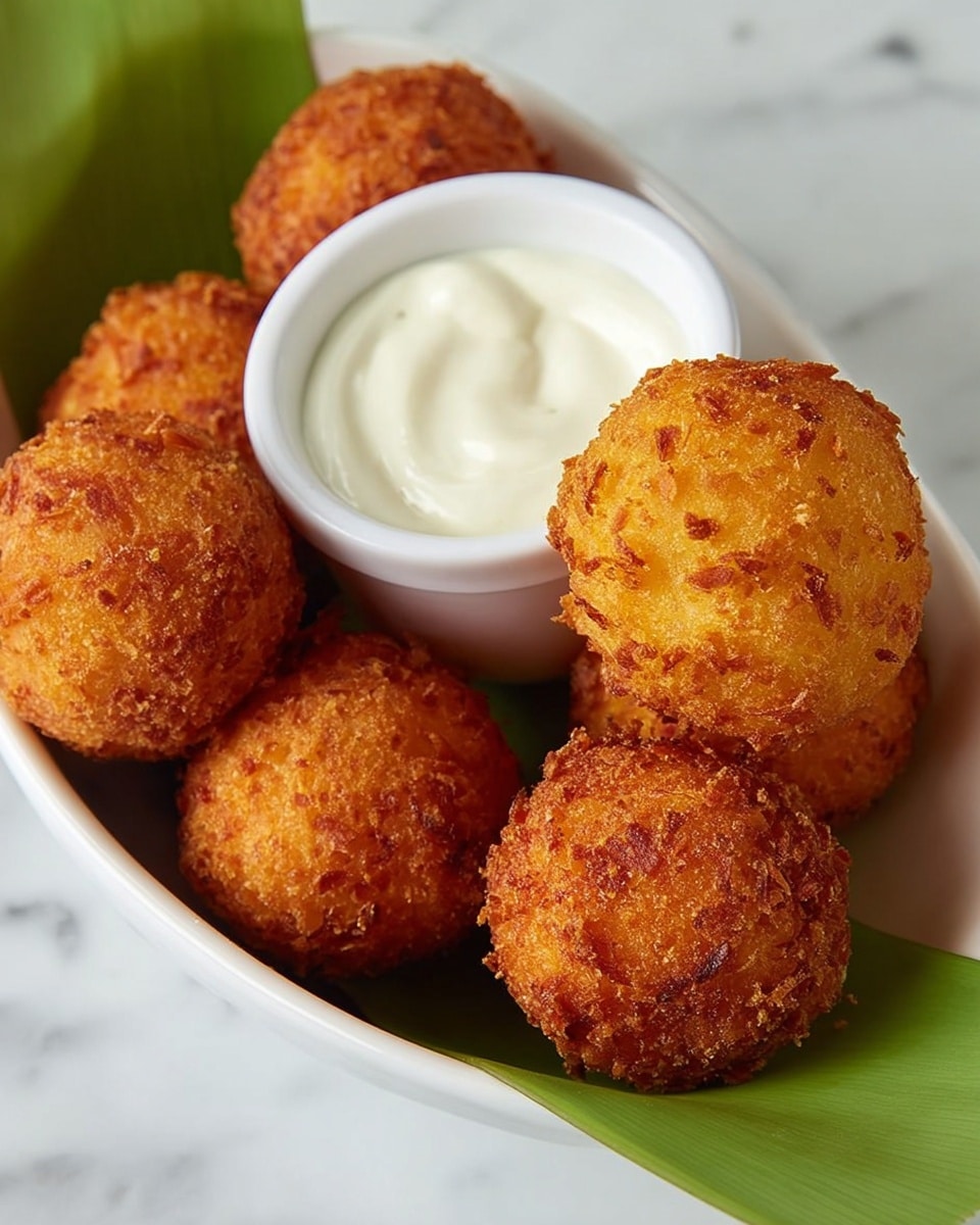 A close-up of seven golden-brown, crispy balls that look crunchy on the outside, placed inside a white square dish lined with green and white striped paper. To the right, a small white bowl contains a thick white dipping sauce, which contrasts with the warm tones of the balls. The dish is set on a white marbled surface. The texture on each ball looks rough with tiny darker spots from frying, showing a crunchy crust. photo taken with an iphone --ar 4:5 --v 7