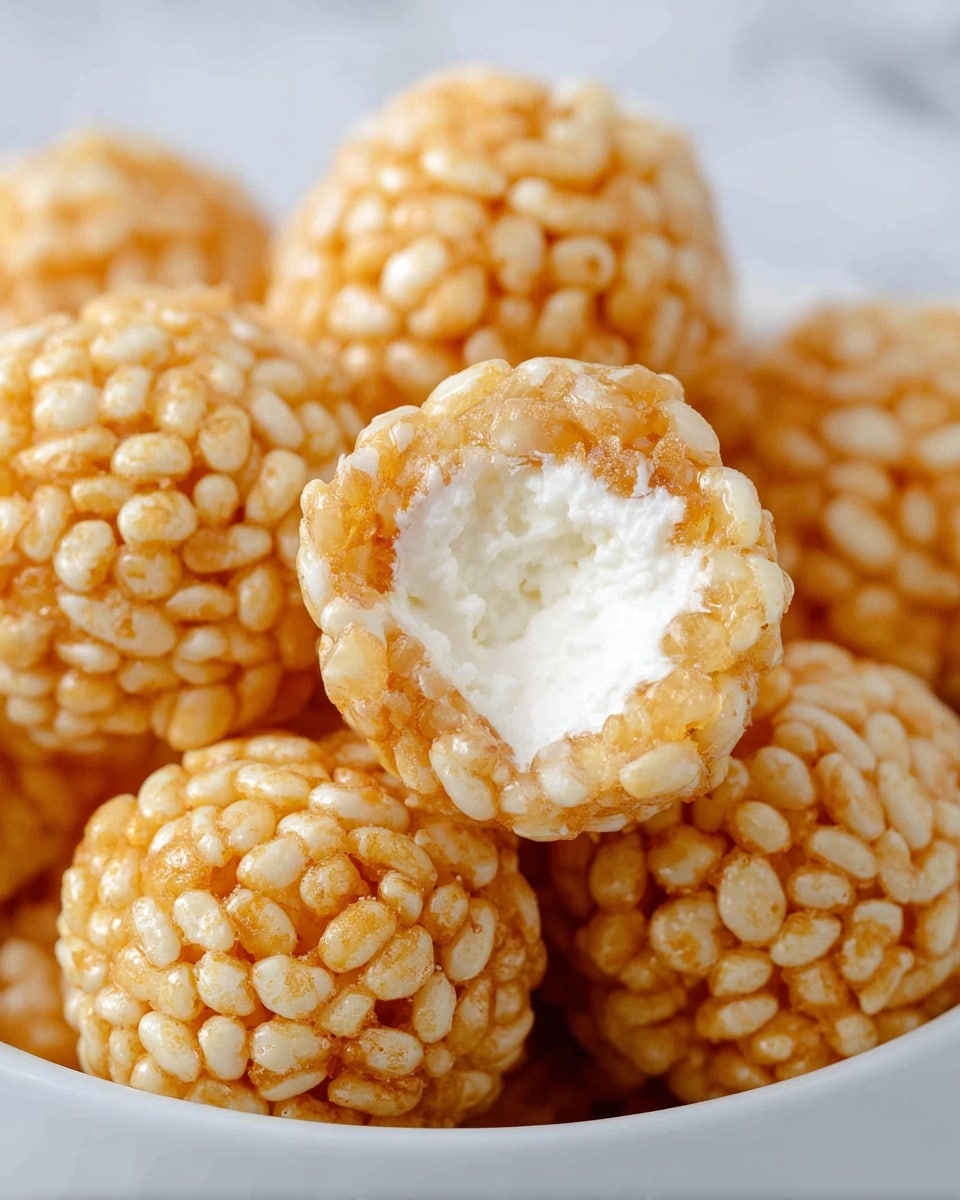 A close-up view of round treats piled inside a white bowl, each made up of a single layer of small, light golden puffed rice pieces tightly packed together on the outside, creating a crispy texture, and filled in the center with a soft, white cream that appears fluffy and smooth. One treat is bitten, revealing the creamy white inside surrounded by the puffed rice layer. The background is a white marbled texture. photo taken with an iphone --ar 4:5 --v 7