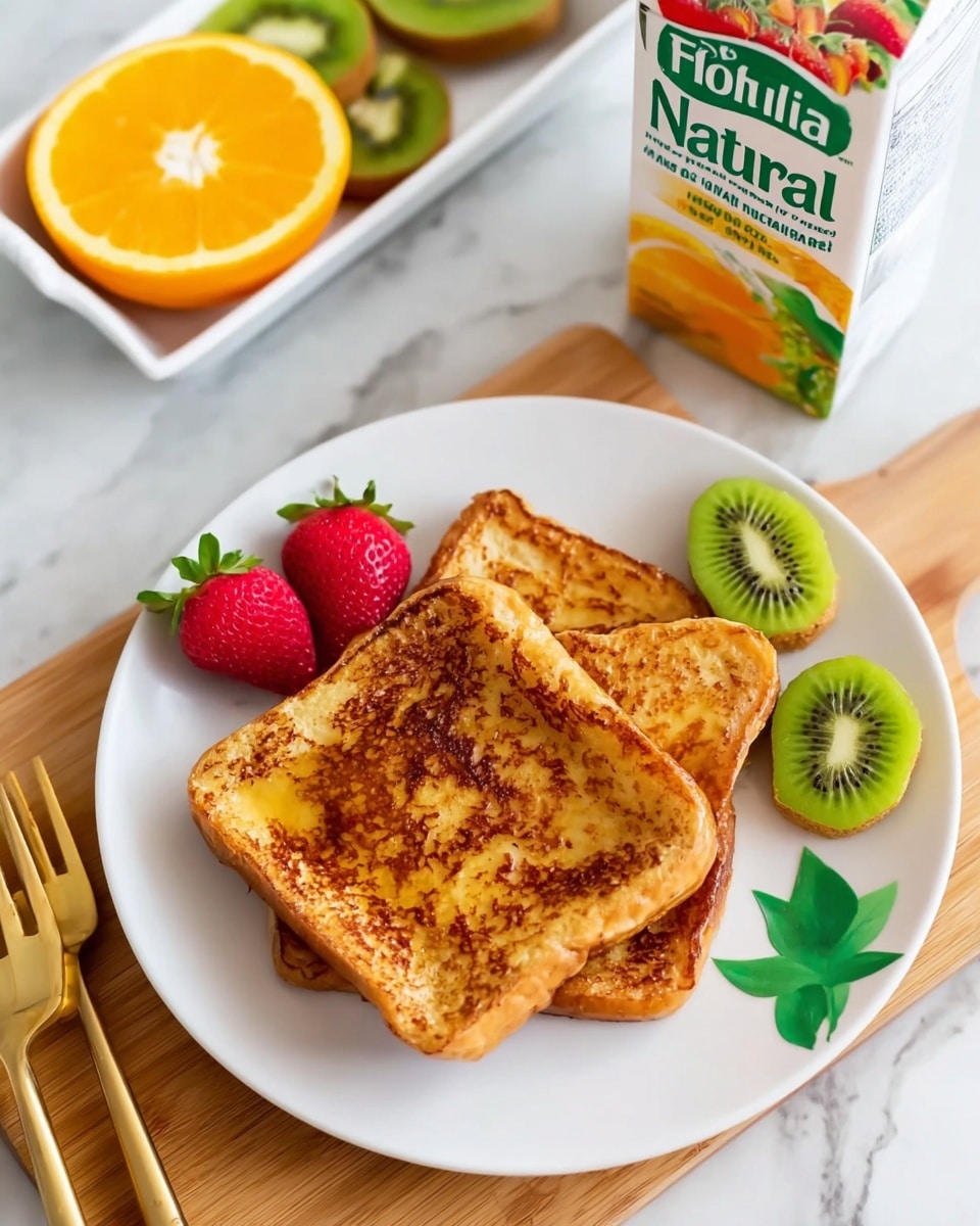 Two golden brown slices of French toast with a slightly crispy texture are stacked side by side in the center of a white round plate. On the left side of the plate, there are two red strawberry halves with green leaves and a green star-shaped slice of kiwi fruit arranged neatly. The plate sits on a wooden cutting board placed on a white marbled surface. To the top right of the plate is a carton of Florida's Natural orange juice tilted slightly. In the top left corner, a white rectangular dish holds sliced kiwi and half an orange face-up with vibrant orange color. A gold fork lies on the wooden board near the plate. Photo taken with an iphone --ar 4:5 --v 7