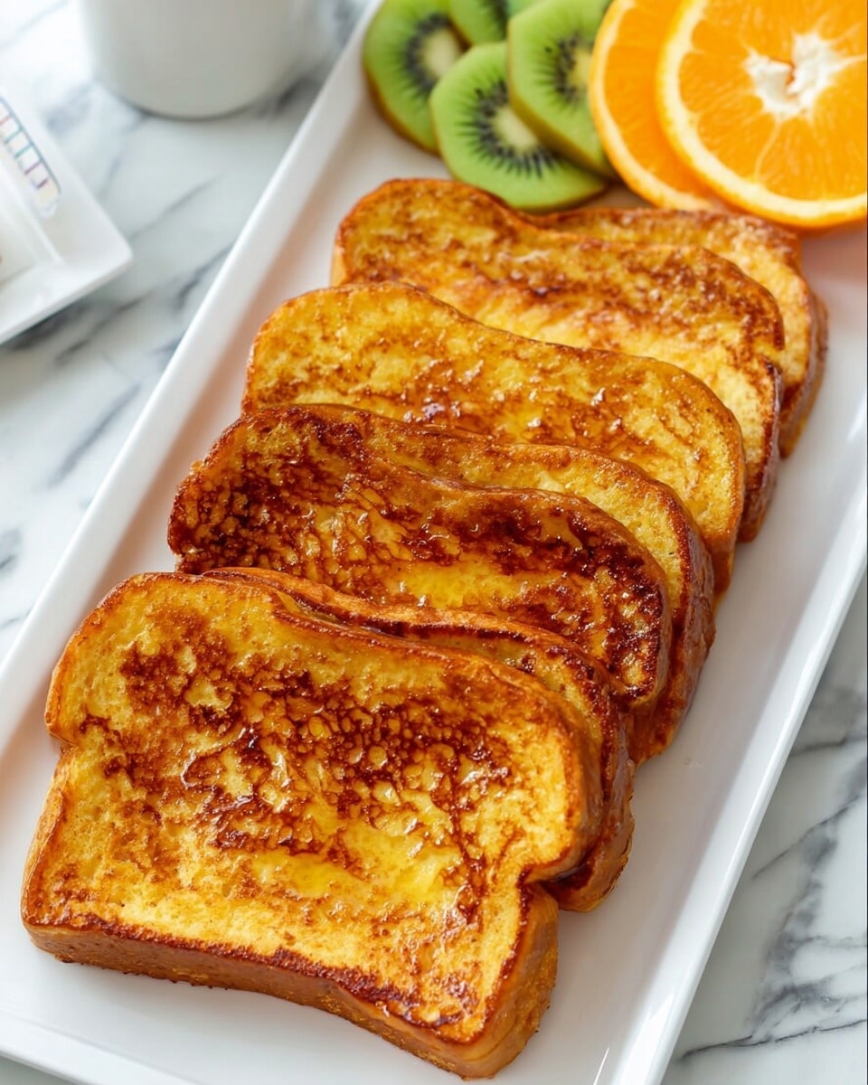 Four slices of golden-brown French toast are stacked on a long white rectangular plate, each slice showing a crispy, unevenly toasted surface with a shiny glaze. Next to the toast, on another white rectangular plate, there are layered slices of bright green kiwi and a halved orange with a juicy, vivid orange interior. The plates rest on a white marbled surface, giving the whole scene a clean and fresh look. Photo taken with an iphone --ar 4:5 --v 7