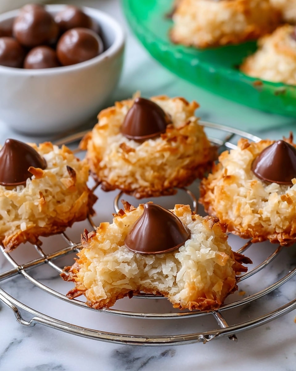 The image shows close-up view of several round coconut cookies with a single large milk chocolate drop placed in the center of each cookie. The cookies have a light golden-brown toasted exterior made of shredded coconut that looks crispy and textured. One cookie in the front has a bite taken out, revealing a soft, chewy inside with shredded coconut strands. The cookies are arranged on a silver cooling rack resting on a white marbled surface. In the background, there is a white bowl holding more chocolate drops and a green translucent plate holding more cookies. Photo taken with an iphone --ar 4:5 --v 7