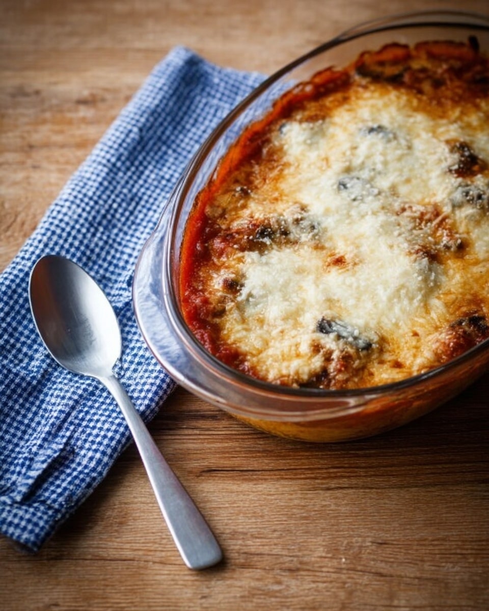 This image shows a clear oval dish filled with baked food on a wooden surface. The dish has multiple layers: the bottom layer is a thick red sauce with visible mushrooms and pieces of food mixed in, while the top layer is a golden-brown melted cheese that looks creamy and slightly browned in some areas. To the left of the dish is a blue and white checked cloth napkin and a shiny metal spoon placed on the wooden surface. The setting is simple and cozy with a focus on the food. Photo taken with an iphone --ar 4:5 --v 7