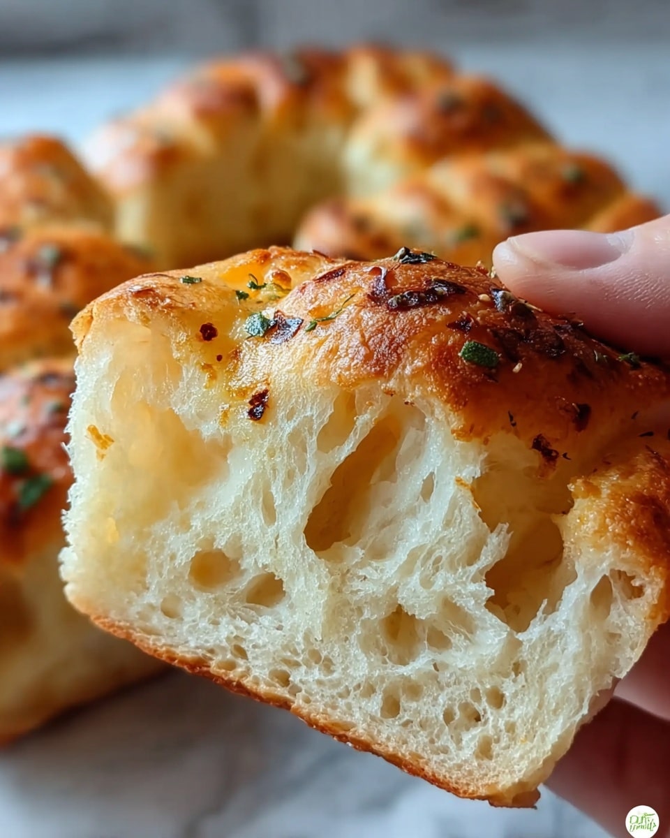 A close-up of a torn piece of soft, airy bread showing its light, fluffy inside with large air pockets and a shiny golden-brown top sprinkled with small dark brown and green herb bits, held by a woman's hand with blurred similar bread pieces in the background resting on a white marbled surface photo taken with an iphone --ar 4:5 --v 7