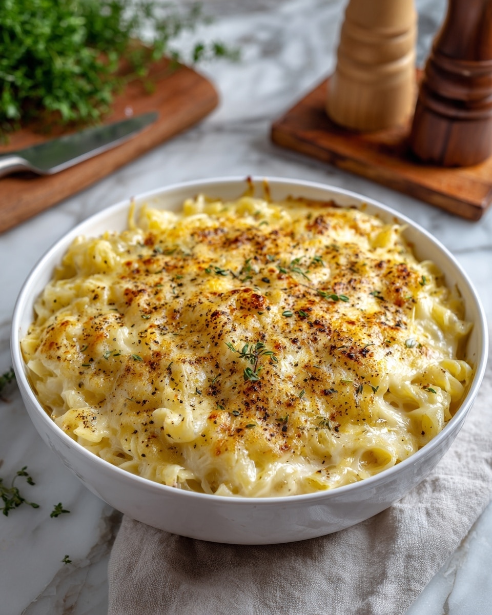 A white bowl is filled with a creamy baked casserole made of pale yellow noodles mixed with melted cheese that has a golden brown top sprinkled with black pepper and paprika for color. The cheesy texture looks soft and gooey with some bubbling around the edges. In the background, there is a blurred white marbled texture surface, a wooden cutting board with a knife, some green herbs, and a pepper grinder partially in frame. The photo taken with an iphone --ar 4:5 --v 7