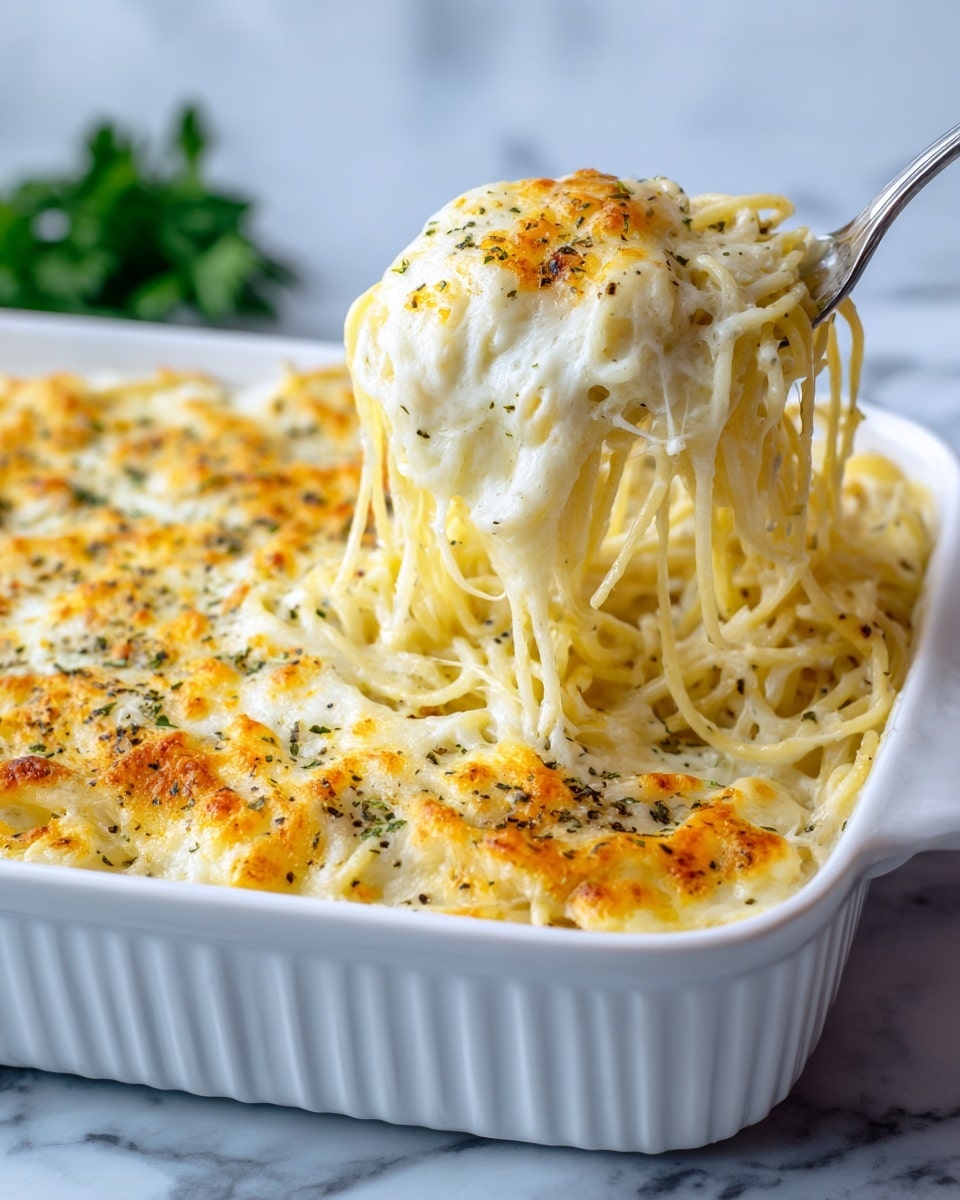 This image shows a close-up of a white baking dish filled with a cheesy pasta bake. The dish has one main layer of creamy, melted cheese with a slightly golden top sprinkled with black pepper and some orange seasoning. A metal spoon lifts a portion of the baked pasta, showing soft, tangled strands of pale yellow pasta covered in gooey white and yellow melted cheese. The background is a white marbled texture with a hint of green herbs blurred behind the dish. Photo taken with an iphone --ar 4:5 --v 7