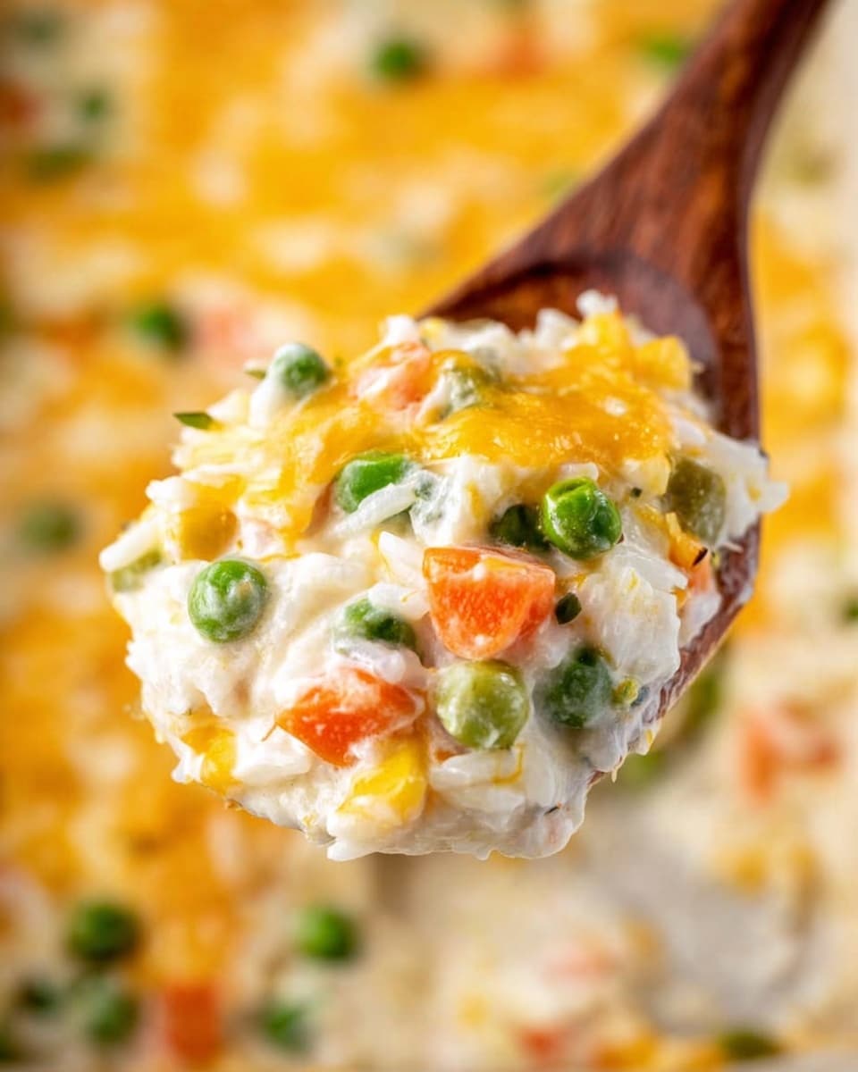 A close-up view of a wooden spoon holding a scoop of creamy casserole, showing melted yellow cheese on top mixed with bright orange diced carrots, green peas, and green beans. The casserole base is creamy white with a smooth texture, visible layers of rice and vegetables underneath the cheese. The background has a soft focus with the same creamy casserole filling the frame, all set on a white marbled surface. photo taken with an iphone --ar 4:5 --v 7