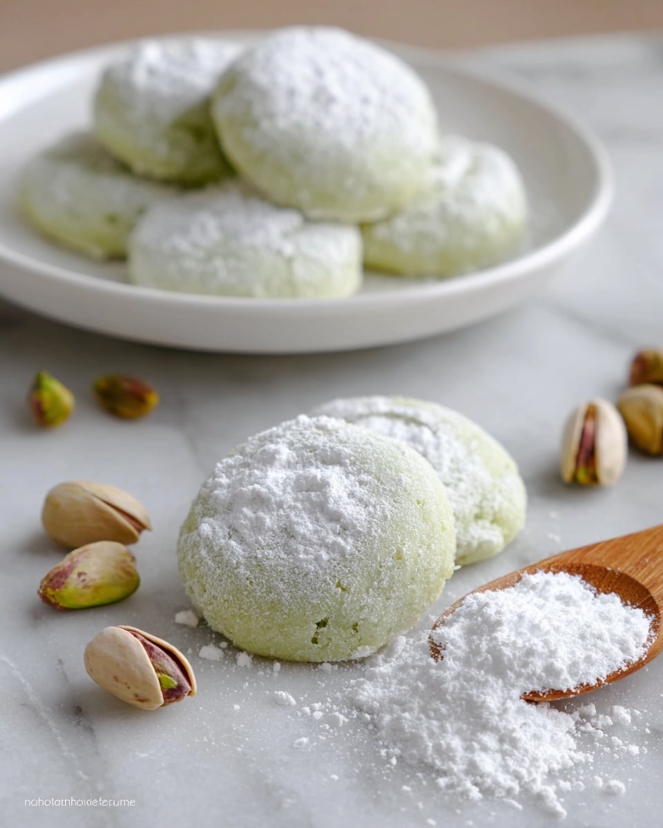 The image shows three light green cookies in the front, each covered lightly with white powdered sugar, giving them a soft, powdery texture. They are round and slightly flattened with a faint dimple in the center. Behind them is a white plate filled with more of the same green cookies also dusted with powdered sugar. Around the cookies on the white marbled surface, there are three pale brown pistachio nuts with hints of green showing through their shells. To the right side, there is a small wooden spoon holding white powdered sugar with some of the sugar spilled onto the surface nearby. Photo taken with an iphone --ar 4:5 --v 7