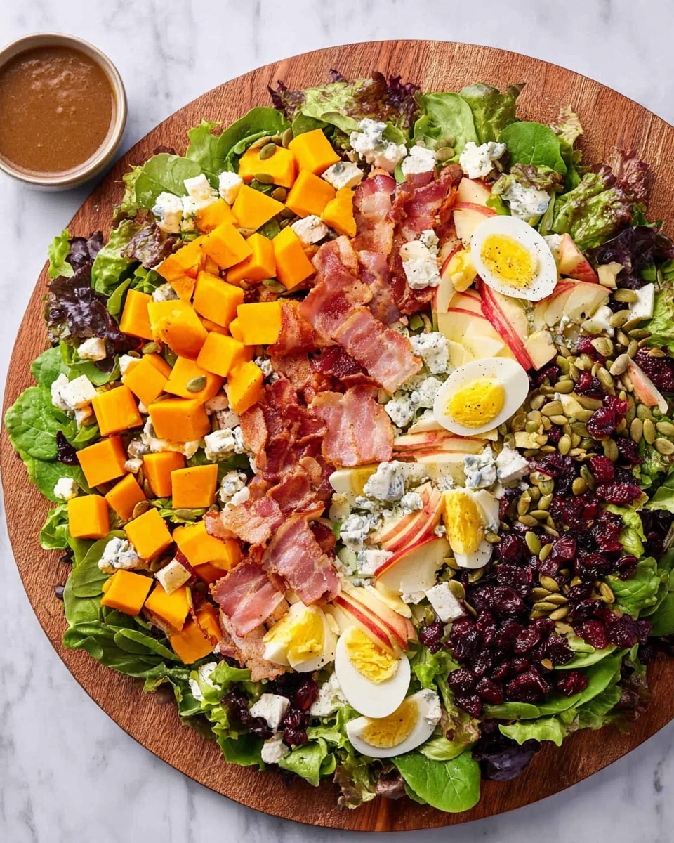 A large round wooden board holds a salad with multiple colorful layers. The base layer is fresh mixed greens, including different kinds of lettuce, covering the entire board. On top are neatly placed sections of cubed roasted butternut squash in bright orange, crisp bacon strips in reddish-brown, and hard-boiled eggs cut into quarters with yellow yolks and white edges. Small chunks of red apple are scattered with creamy white crumbles of cheese, while dark red dried cranberries and green pumpkin seeds are sprinkled over the salad. A small bowl of brown dressing sits to the side on a white marbled surface. photo taken with an iphone --ar 4:5 --v 7