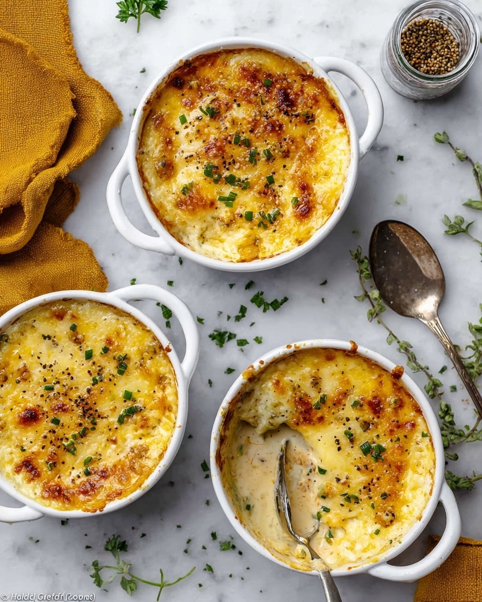 A round white bowl with two handles contains a creamy dish topped with a golden-brown melted cheese layer that has small browned bubbles and a few green herb pieces scattered over it. The creamy base beneath the cheese is light yellow with small bits of herbs and possibly vegetables peeking through. A vintage silver spoon rests inside the bowl, partially submerged in the cheesy layer. The bowl sits on a soft mustard-yellow cloth, placed on a white marbled surface. photo taken with an iphone --ar 4:5 --v 7