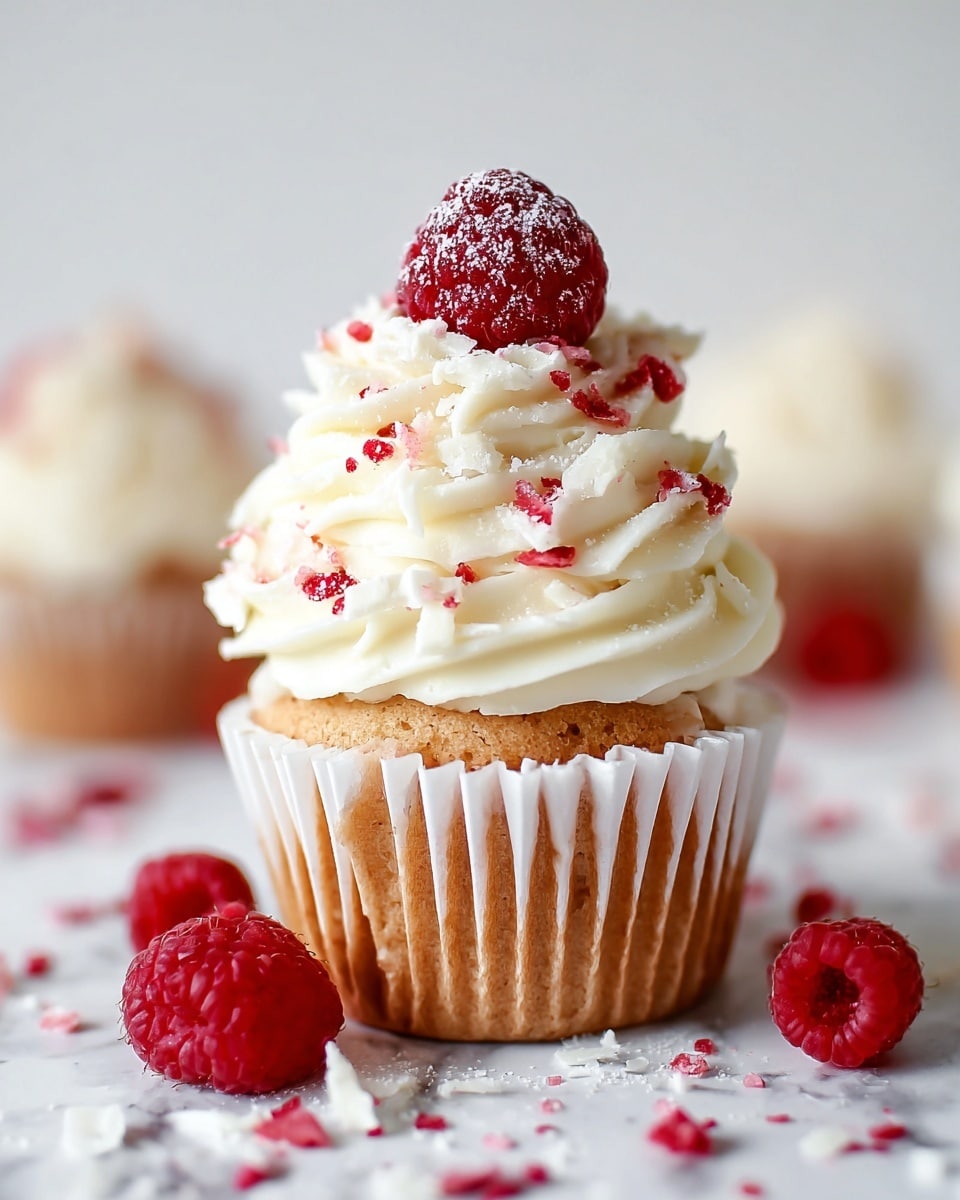 The image shows a cupcake with three main layers starting from the bottom: a light brown cake base wrapped in a white paper liner, a thick swirl of creamy white frosting piled high on top of the cake, and a bright red raspberry dusted with powdered sugar sitting at the very top. The frosting is decorated with small pieces of red fruit bits and white flakes scattered over and around it, adding texture and color contrast. Around the cupcake on the white marbled surface are a few more raspberries, red fruit bits, and white flakes, making the scene look fresh and inviting. Photo taken with an iphone --ar 4:5 --v 7