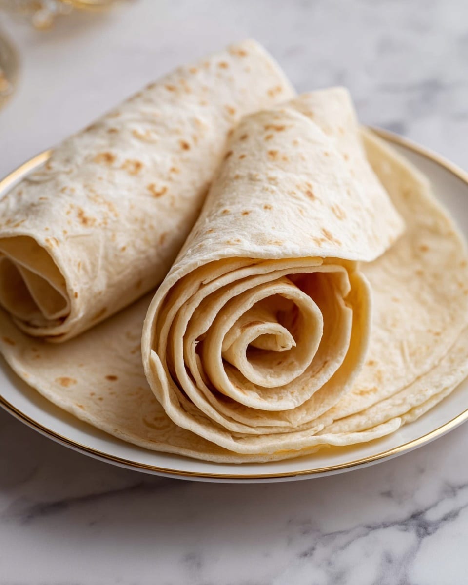 Two rolled flatbreads are placed on a white plate with a thin gold rim, resting on a white marbled surface. The front flatbread is cut to show multiple soft, light beige layers tightly wound in a spiral, with a smooth texture and slight air pockets. Behind it, the second flatbread is also rolled but left whole, showing a slightly speckled light beige outer surface that looks soft and pliable. Photo taken with an iphone --ar 4:5 --v 7