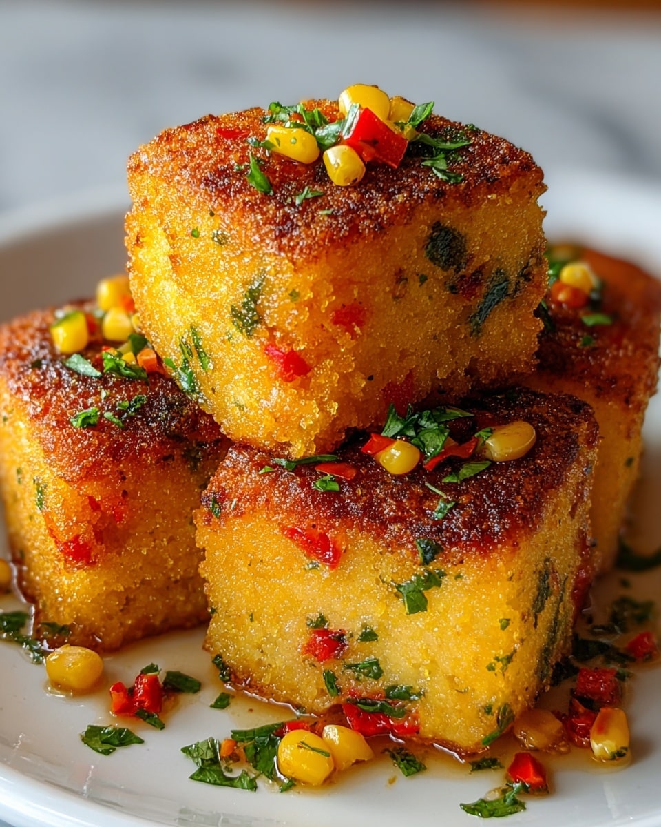 The image shows four golden brown fried polenta cubes arranged stacked on a white plate, placed on a white marbled surface. Each cube has a crispy textured outer layer with visible small red bell pepper pieces and green herbs mixed inside. On top and around the cubes are scattered bright yellow corn kernels, finely chopped green herbs, and small bits of red pepper, adding vibrant color contrast. The polenta looks moist inside with a slightly crumbly texture. photo taken with an iphone --ar 4:5 --v 7
