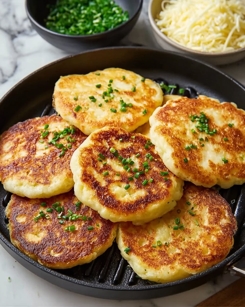 Seven round, golden-brown pancakes with a crispy texture are arranged closely on a black grill pan. They have uneven, slightly bumpy surfaces with patches of darker and lighter browning. Small green chives are sprinkled over the pancakes, adding a fresh pop of color. In the background, there is a white bowl of chopped green herbs and a black bowl of shredded cheese, all set on a white marbled surface. photo taken with an iphone --ar 4:5 --v 7