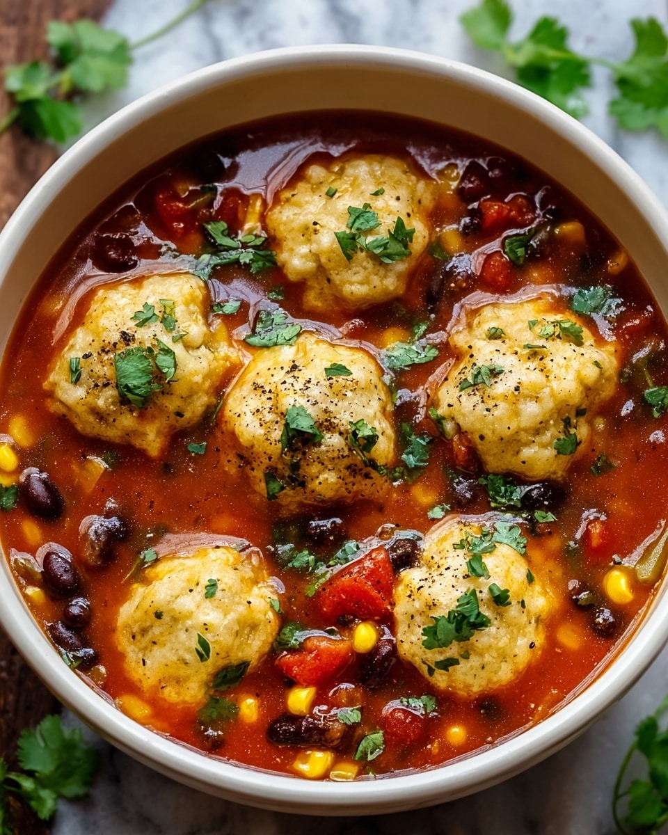 A white bowl filled with rich tomato-based soup, showing five golden, fluffy dumplings floating on the surface. The soup contains small, colorful pieces of corn, black beans, diced tomatoes, and finely chopped green herbs scattered throughout. Each dumpling is topped with fresh green coriander leaves and a sprinkle of black pepper. The bowl is placed on a white marbled surface with a few sprigs of fresh coriander around it, enhancing the fresh, homemade feel. photo taken with an iphone --ar 4:5 --v 7