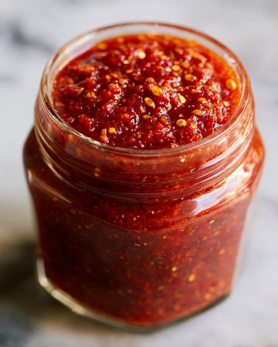 The image shows a close-up of a clear glass jar filled to the top with a thick, rich, red chili paste that has a glossy texture. The paste has visible small seeds and bits of chili pepper pieces throughout, giving it a slightly chunky and textured look. The jar's rim is clean, and the background has a blurred effect, putting full focus on the rich red chili sauce inside the jar. The scene is set on a white marbled texture. photo taken with an iphone --ar 4:5 --v 7