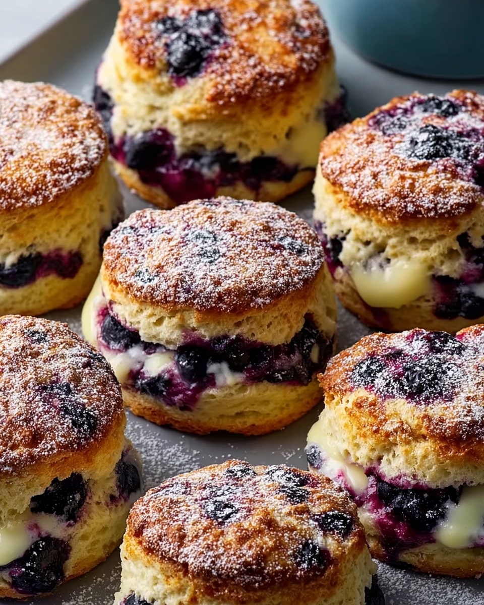 The image shows several round blueberry scones with a golden-brown crust on top and a soft, crumbly texture inside. Each scone has two layers: the top layer is golden and slightly crispy, while the bottom layer is filled with juicy, dark purple blueberries mixed in creamy, pale yellow batter that looks soft and moist. The scones are placed close together on a baking tray with a light dusting of powdered sugar visible on some edges, all set against a white marbled texture background. Photo taken with an iphone --ar 4:5 --v 7
