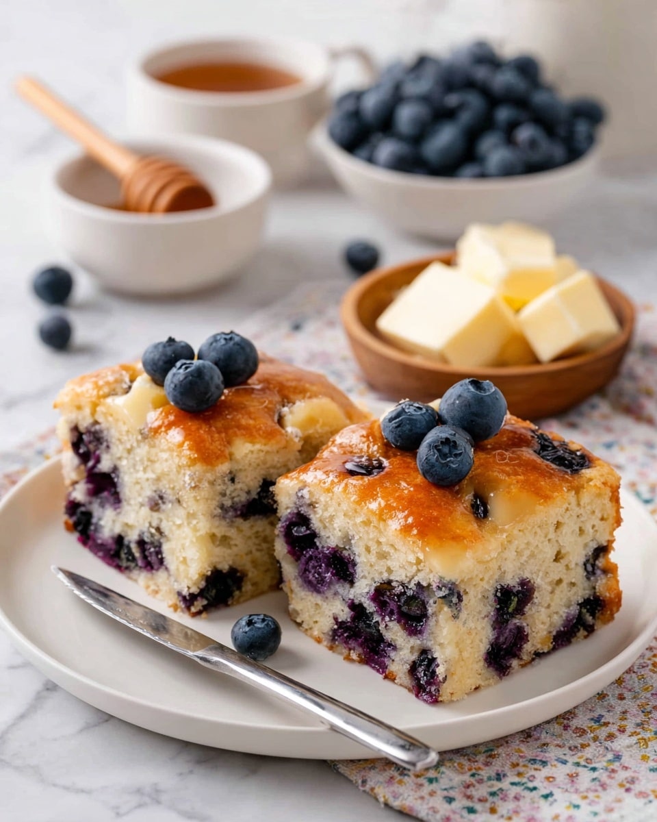 Two square pieces of blueberry cake with a shiny golden brown top are placed on a white plate. The inside of the cake is light-colored with many dark purple blueberries spread throughout. Each piece has about three fresh blueberries on top. Next to the cakes on the plate is a small wooden bowl with three slices of pale yellow butter and a silver knife. In the blurred background, a white bowl filled with fresh blueberries and another white bowl with honey and a honey dipper stick are visible. The scene is set on a white marbled surface. photo taken with an iphone --ar 4:5 --v 7