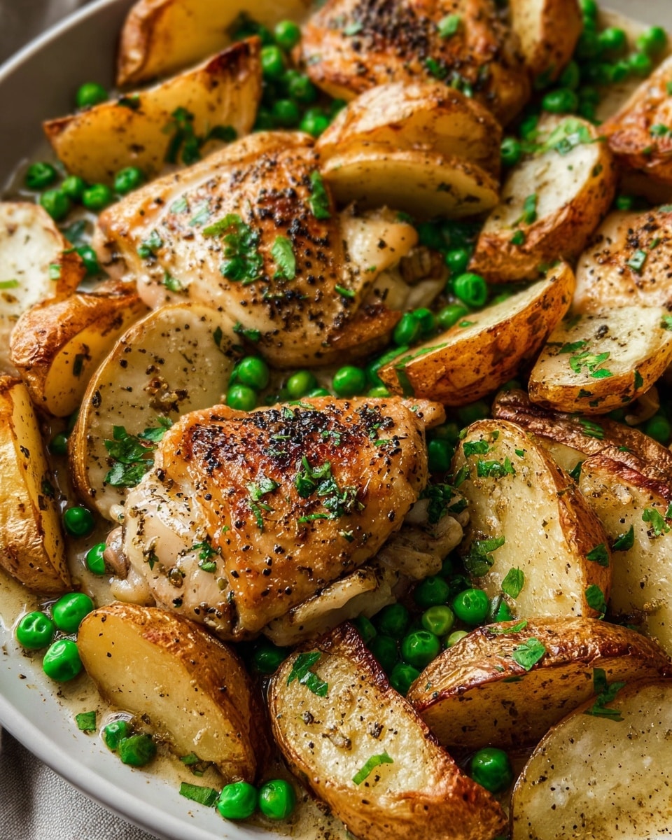 The dish shows several pieces of golden-brown roasted chicken with crispy skin and specks of black pepper and herbs on top. Around the chicken are many potato wedges with a light golden crispy texture and some visible herbs. Bright green peas are scattered evenly throughout the dish, adding a pop of color. Small bits of chopped green herbs are sprinkled over everything, creating a fresh look. The food is placed on a white plate with some light sauce pooling underneath, and the whole scene has a cozy, wholesome feel. photo taken with an iphone --ar 4:5 --v 7