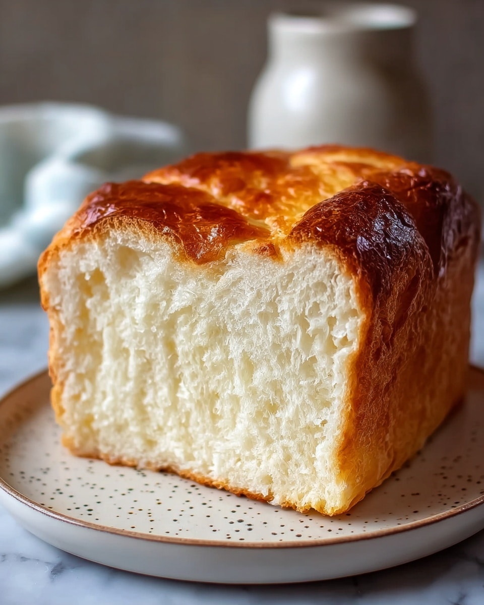 A thick slice of soft, light bread with a golden brown, shiny crust on top, showing a fluffy and slightly airy white inside. The bread is placed on a white plate with small dark speckles. The plate sits on a surface with a white marbled texture, and part of a white jar is blurred in the background. photo taken with an iphone --ar 4:5 --v 7