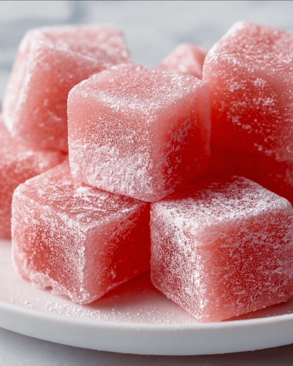 The image shows several soft, pink, square-shaped gummy candies stacked loosely on a white plate, each piece covered lightly with a fine layer of white powder giving a frosted look. The gummies have a smooth yet slightly textured surface, with subtle curves on the edges, and they sit closely together, highlighting their chewy and soft texture. The background is a white marbled surface that adds a clean and bright setting to the colorful candies. Photo taken with an iphone --ar 4:5 --v 7