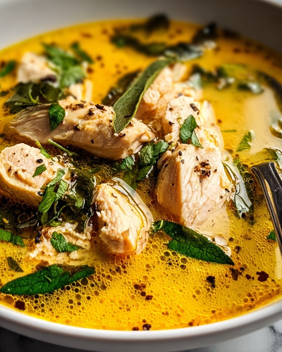 The image shows a close-up of a white bowl filled with a rich, golden-yellow broth that has a slightly oily surface with small bubbles. Floating in the broth are several chunks of cooked chicken breast, pale beige in color with a light sear and specks of black pepper. Scattered around the bowl are bright green herbs, some whole leaves, adding a fresh contrast to the warm tones of the soup. The bowl rests on a white marbled surface, and a spoon is partially visible on the right side. photo taken with an iphone --ar 4:5 --v 7
