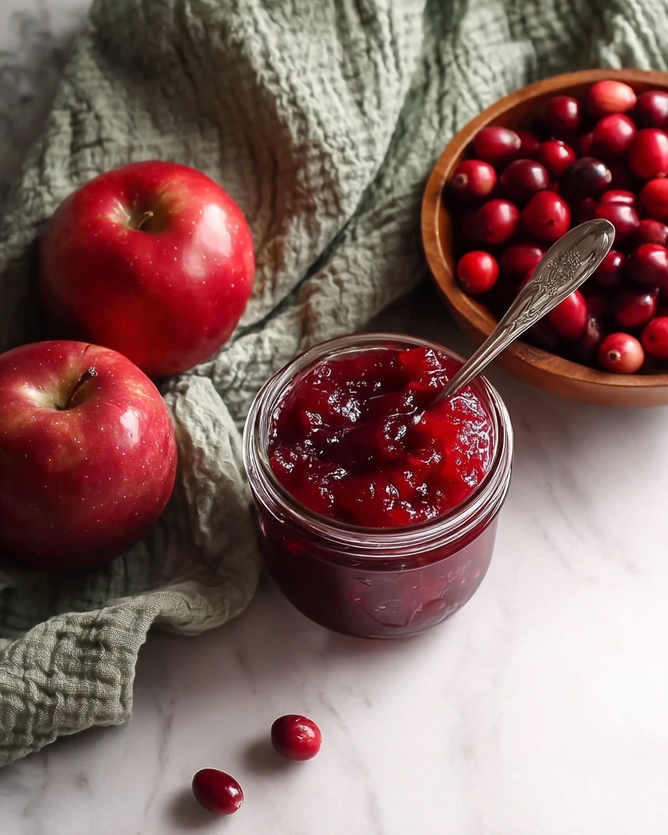 A jar of chunky red cranberry sauce fills the center with a silver spoon inside it, surrounded by two shiny red apples placed on a white marbled surface. To the right, a wooden bowl filled with bright red cranberries adds a striking contrast, while a soft green textured cloth is casually draped on the left side. The textures vary from smooth and glossy on the fruits, to thick and uneven on the cranberry sauce, all set against the smooth white marble background. Photo taken with an iphone --ar 4:5 --v 7