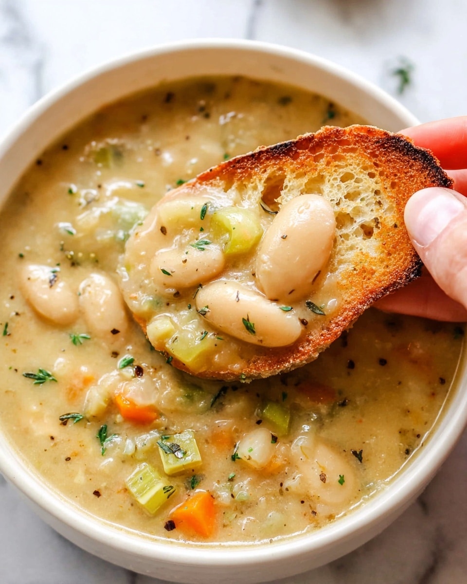 A white bowl filled with thick creamy soup containing large white beans, light green celery pieces, orange carrot bits, and finely chopped herbs, all mixed in a pale beige broth with visible black pepper specks. A woman's hand holds a toasted slice of light golden brown bread, dipped halfway into the soup, with a large white bean resting on top of the broth covering the bread. The background shows a white marbled texture. Photo taken with an iphone --ar 4:5 --v 7