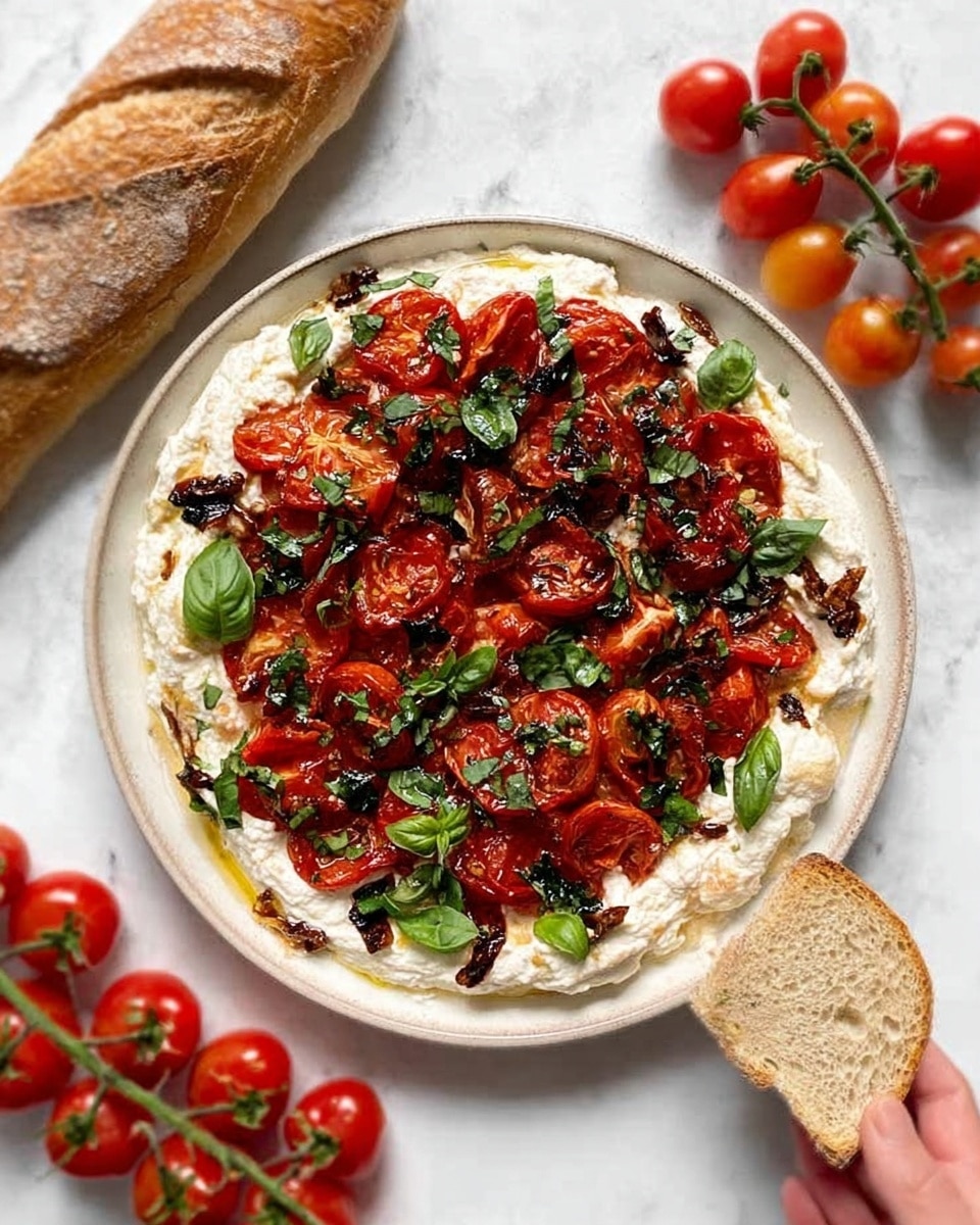 The image shows a round white plate on a white marbled surface, filled with a dish that has multiple layers. The bottom layer is a thick, creamy white spread evenly covering the plate. On top are large, slightly wrinkled slices of roasted red tomatoes with a rich, deep red color and charred edges. Scattered on the tomatoes are small pieces of dark green basil leaves, some torn. Finely chopped dark brown bits, possibly olives or mushrooms, are sprinkled across the dish. Around the plate, a woman's hand holds a slice of light brown bread with a crusty texture. Near the plate, there is a long loaf of crusty light brown bread and fresh bright red cherry tomatoes still on the vine. The whole setting is bright and fresh. photo taken with an iphone --ar 4:5 --v 7