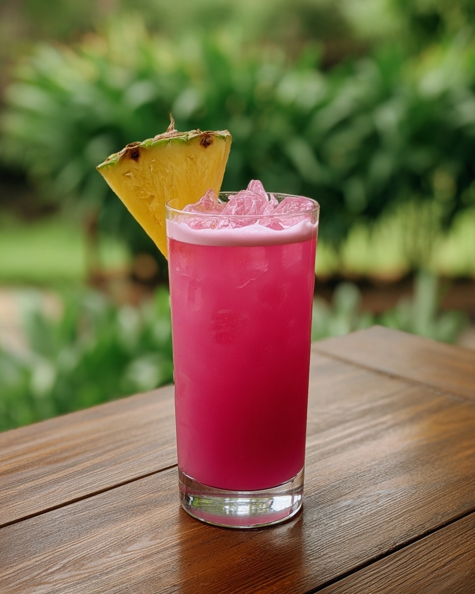 A tall clear glass filled with bright pink drink and ice cubes, topped with light pink foam. A triangular slice of yellow pineapple is placed on the rim of the glass. The glass sits on a wooden table with a blurred green garden background. photo taken with an iphone --ar 4:5 --v 7