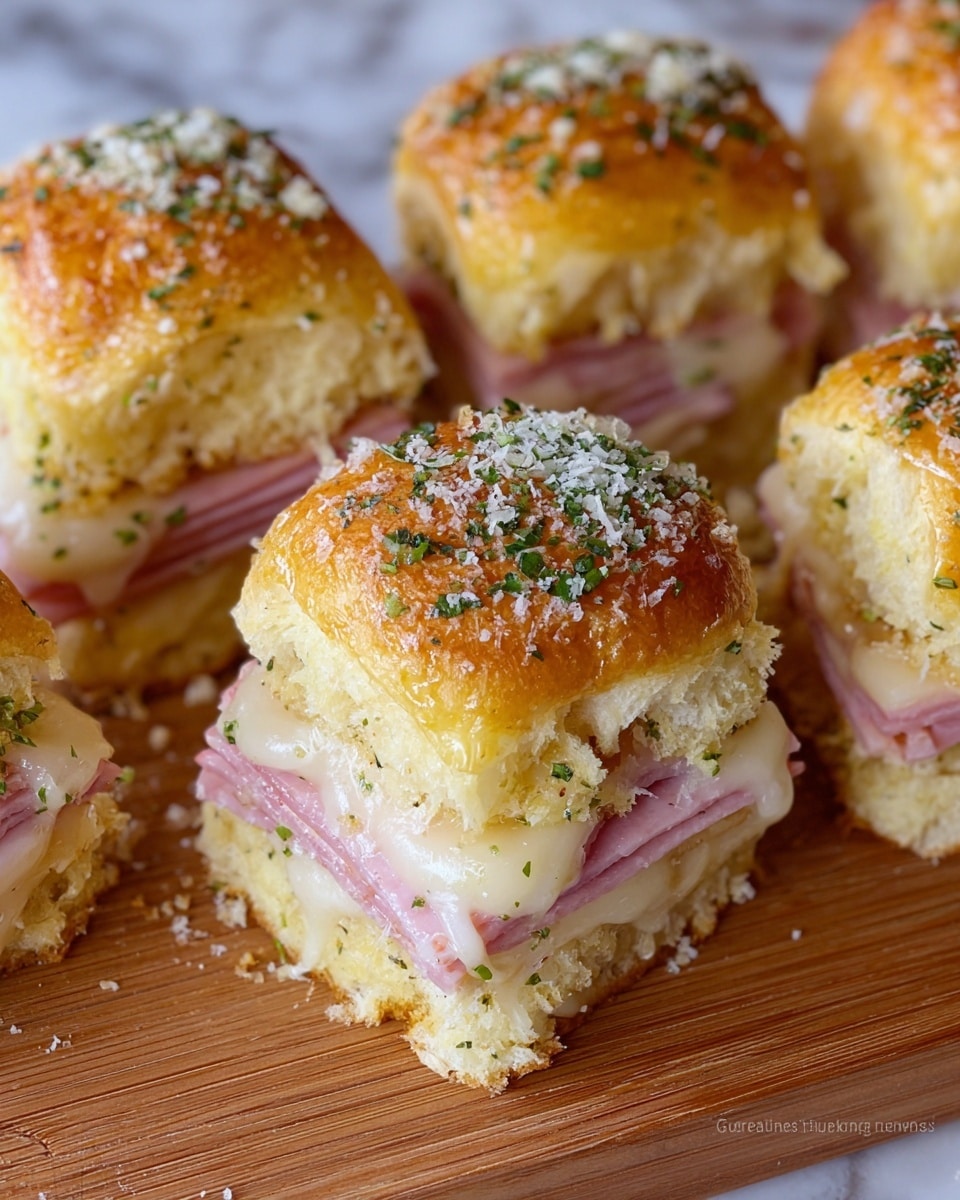 The image shows a close-up of several small sandwich sliders placed tightly together on a wooden board, each slider made with a soft golden-brown top bun sprinkled with finely chopped green herbs and white grated cheese. Each sandwich has three visible layers: the top layer is the shiny bun, the middle layers alternate between thin slices of pink ham and creamy off-white melted cheese, and the base is a light golden bread roll. The buns have a slightly glossy, soft texture with bits of herbs and cheese on top, and the ham and melted cheese layers look moist and tender, creating a rich, savory appearance. The background has a white marbled texture. photo taken with an iphone --ar 4:5 --v 7