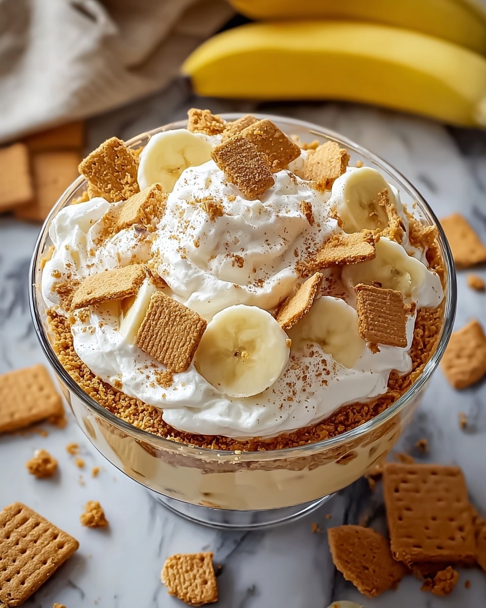 A clear glass bowl is filled with three visible layers: the bottom layer is a soft, creamy beige pudding with a slightly bumpy texture; the middle layer is whipped cream that looks smooth and fluffy, surrounding the pudding; the top layer is decorated with pieces of golden-brown graham crackers scattered unevenly and slices of fresh banana showing a pale yellow color with soft brown spots. The whipped cream around the edge holds the banana slices and crackers, and the whole top is lightly sprinkled with cinnamon powder. The bowl is placed on a white marbled surface with some broken graham crackers scattered around, along with a yellow banana in the background. Photo taken with an iphone --ar 4:5 --v 7