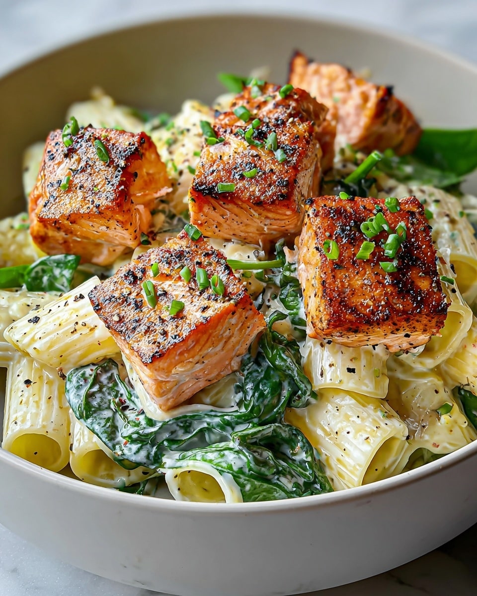 The dish shows a bowl filled with three main layers: the bottom layer is white rigatoni pasta mixed with creamy white sauce and bright green spinach leaves scattered evenly. On top of the pasta, there are four thick, grilled salmon cubes with golden-brown crispy edges and pink inner flesh, garnished with small chopped green herbs. The food has a fresh and vibrant look with visible black pepper specks on the salmon and pasta. The bowl is white, placed on a white marbled surface. photo taken with an iphone --ar 4:5 --v 7