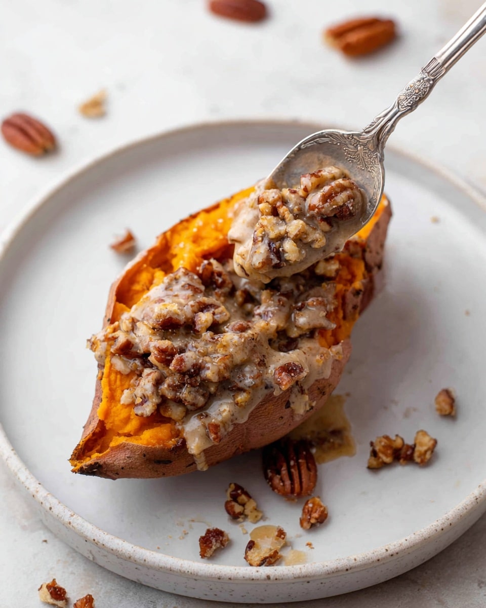 A baked sweet potato half sits on a white plate with a white marbled background. The sweet potato skin is light brown and crisp, holding a bright orange soft sweet potato flesh inside. On top, there is a chunky topping of chopped pecans mixed with a creamy, slightly melted light beige sauce covering the surface. A vintage silver spoon lifts some of the topping from the sweet potato. Around the plate, a few whole pecan halves and small crumbs are scattered. Photo taken with an iphone --ar 4:5 --v 7