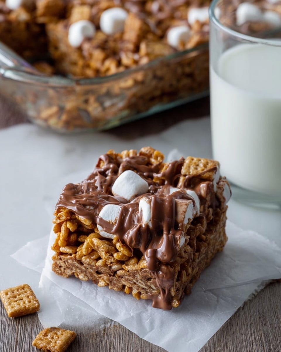 A square piece of a chocolate and cereal treat is placed on a small white parchment paper on a white marbled surface. The treat has multiple rough layers of golden brown cereal squares, bound together with shiny, melted milk chocolate that drips over the top and sides, giving a sticky look. Small white marshmallows are scattered on top, adding some contrast in color and texture. Behind the treat, there is a clear glass of white milk, partially visible on the right side. The background shows a glass dish filled with the same treat. photo taken with an iphone --ar 4:5 --v 7