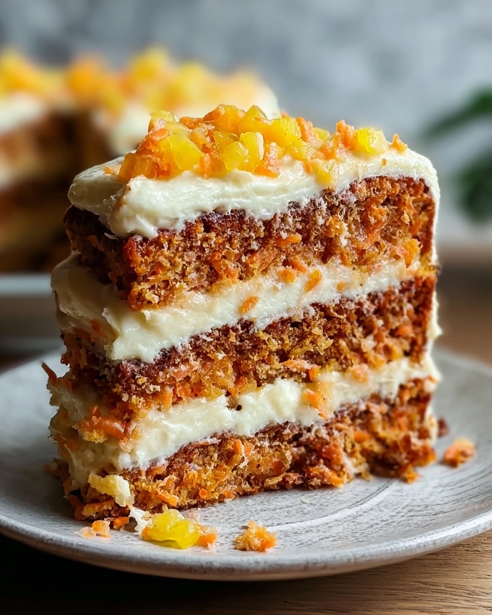 A slice of layered carrot cake sits on a white plate with a subtle texture. The cake has three visible thick layers of moist, orange-brown carrot cake with bits of shredded carrot inside. Between each cake layer is a thick layer of creamy white frosting, slightly textured and soft. The top layer is covered with the same creamy frosting, topped with small chunks of bright yellow and orange fruit pieces. The cake edges show the frosting slightly oozing out with chunks of carrot mixed in. The background has a white marbled texture. photo taken with an iphone --ar 4:5 --v 7