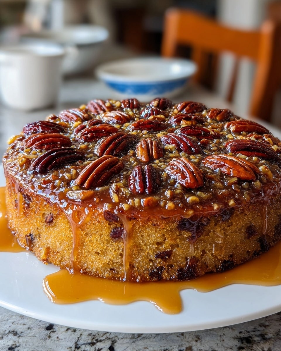 A single-layer round cake with a golden brown base that looks moist and textured with bits of nuts inside the cake. The top layer is sticky and glossy with a thick caramel glaze, covered with whole and chopped pecans arranged in a circular pattern around the edge and scattered in the middle. The cake sits on a white plate, with some caramel sauce pooled around its base. The background shows a softly blurred kitchen setting on a white marbled surface. photo taken with an iphone --ar 4:5 --v 7